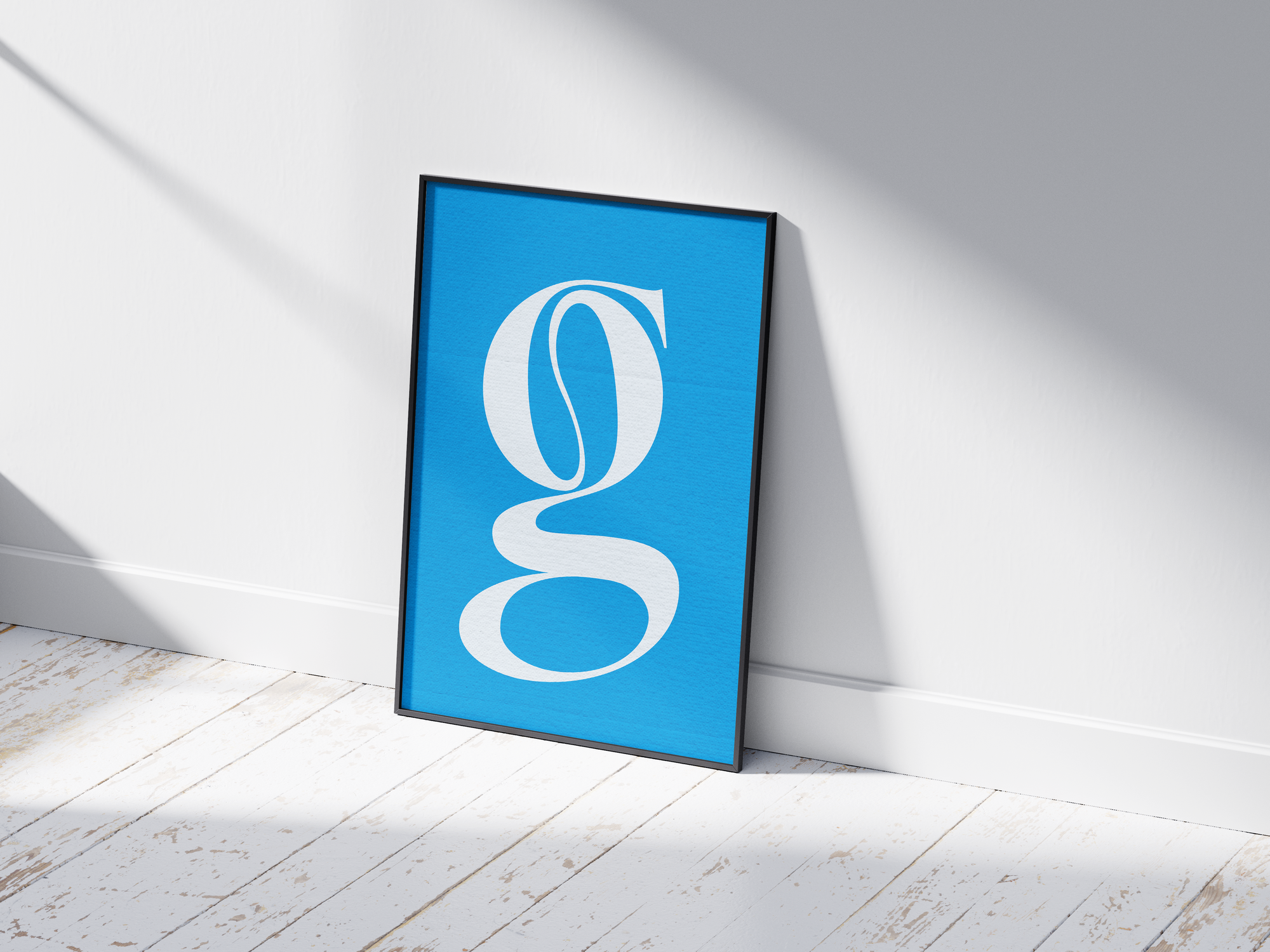 Elegant and classic alphabet letter G poster, featuring a flowing white serif 'g' on a bright sky-blue background. Perfect sophisticated wall art for libraries, offices, or gallery walls with a timeless, graceful, and classic typography aesthetic.
