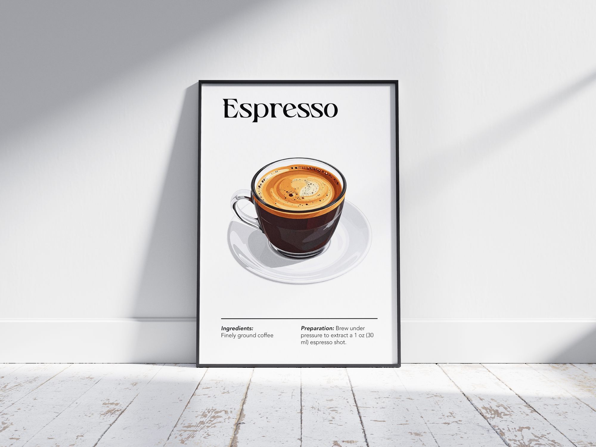 Minimalist Espresso coffee art poster featuring a detailed illustration of a single shot with its recipe, printed on semi-gloss sustainable paper. Perfect wall art for kitchens, coffee bars, or modern interiors with a clean and sophisticated aesthetic.