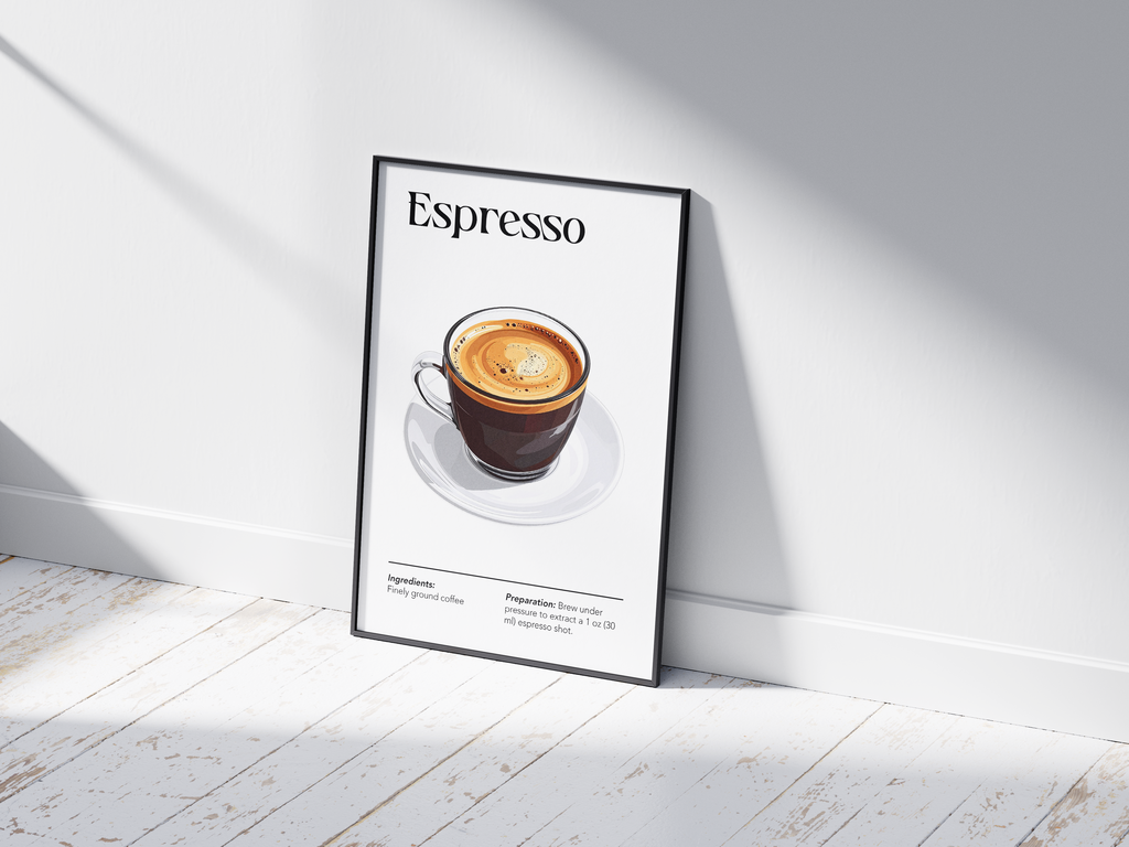 Minimalist Espresso coffee art poster featuring a detailed illustration of a single shot with its recipe, printed on semi-gloss sustainable paper. Perfect wall art for kitchens, coffee bars, or modern interiors with a clean and sophisticated aesthetic.