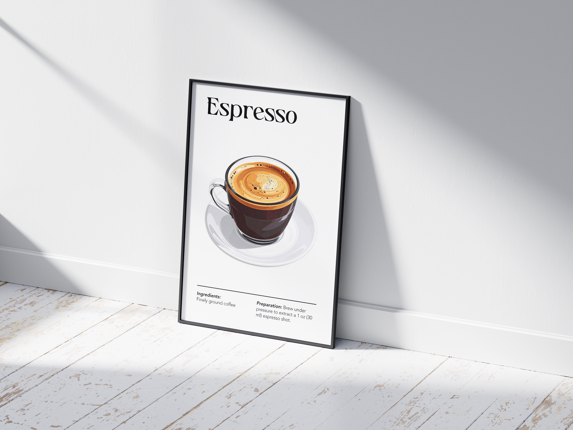 Minimalist Espresso coffee art poster featuring a detailed illustration of a single shot with its recipe, printed on semi-gloss sustainable paper. Perfect wall art for kitchens, coffee bars, or modern interiors with a clean and sophisticated aesthetic.