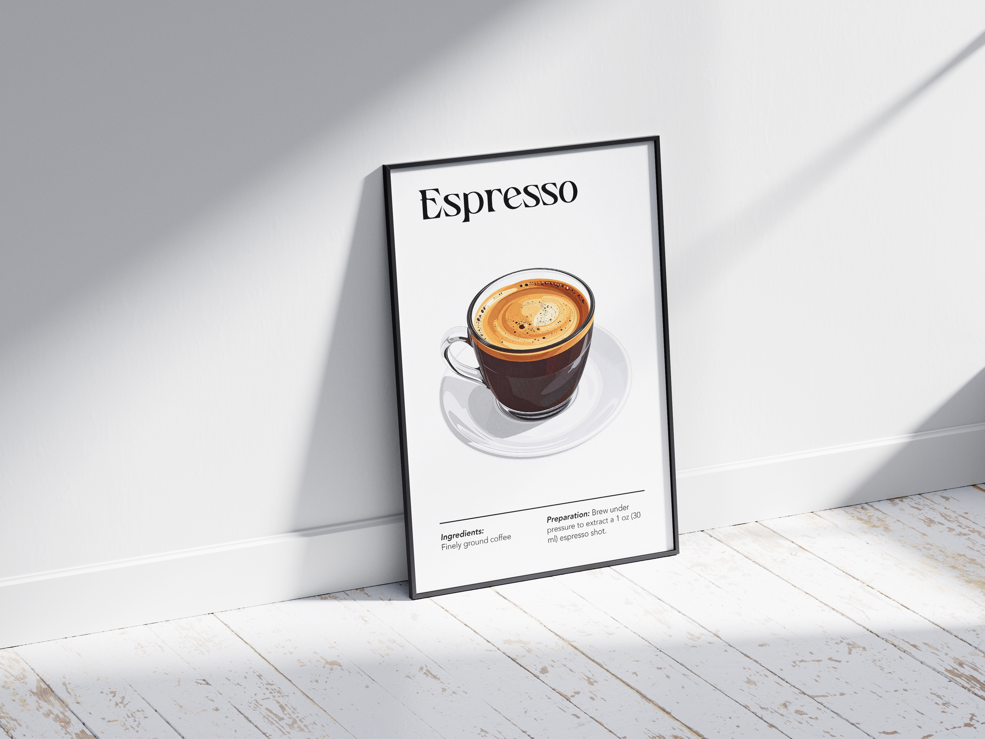 Minimalist Espresso coffee art poster featuring a detailed illustration of a single shot with its recipe, printed on semi-gloss sustainable paper. Perfect wall art for kitchens, coffee bars, or modern interiors with a clean and sophisticated aesthetic.