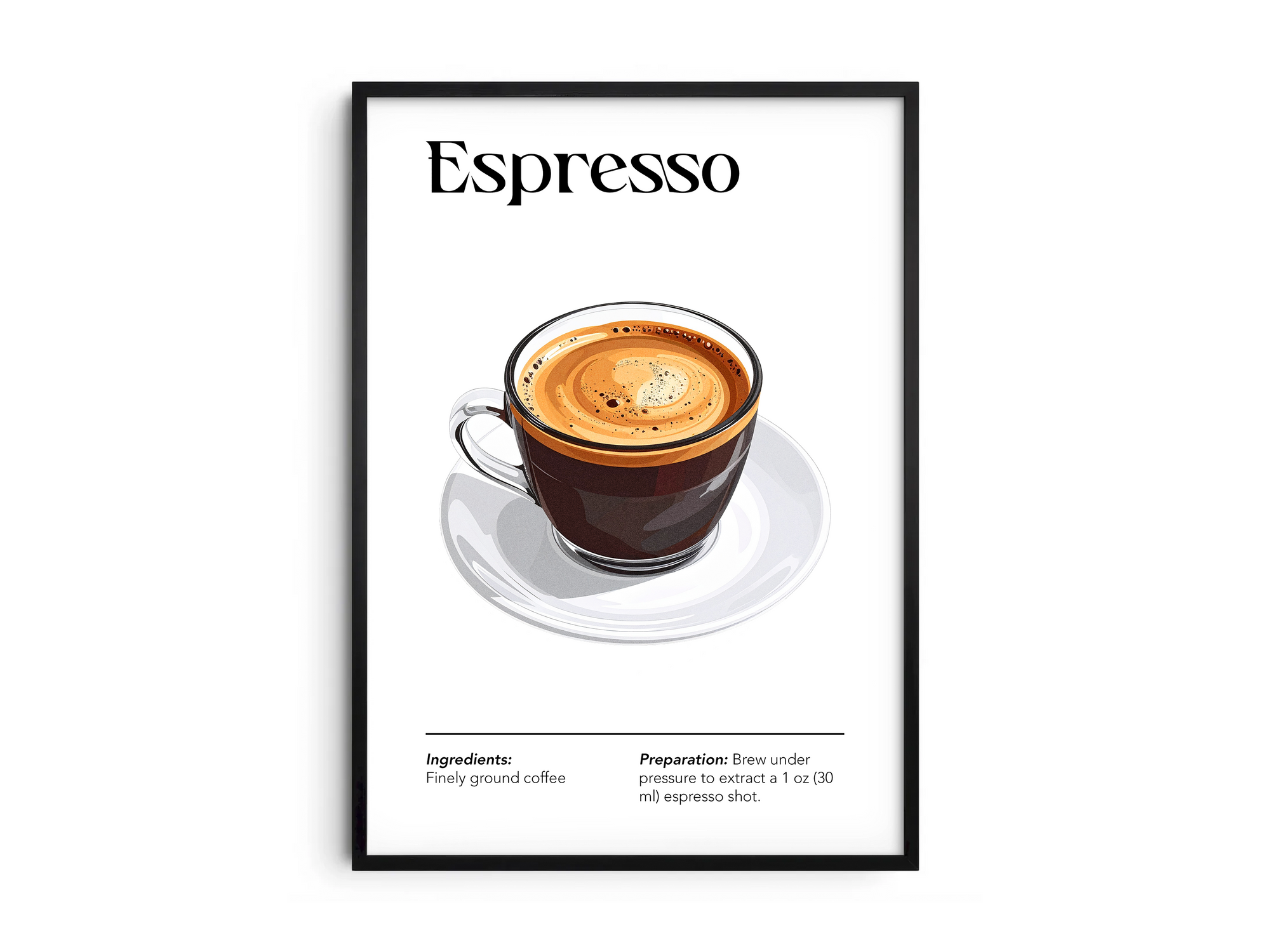 Minimalist Espresso coffee art poster featuring a detailed illustration of a single shot with its recipe, printed on semi-gloss sustainable paper. Perfect wall art for kitchens, coffee bars, or modern interiors with a clean and sophisticated aesthetic.