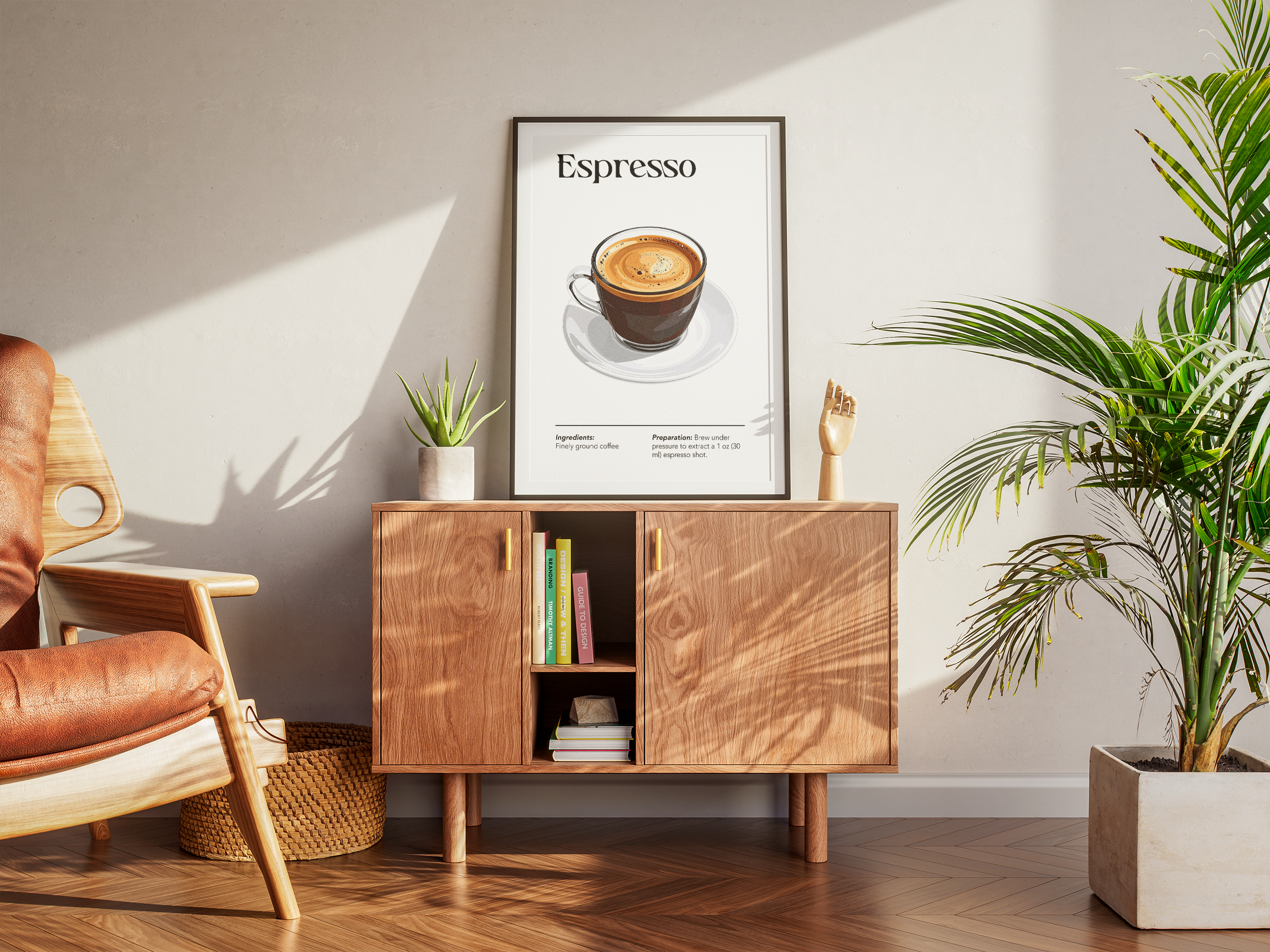 A black-framed poster with an illustration and recipe for Espresso, hanging above a wooden sideboard with a plant, in a modern seating area.