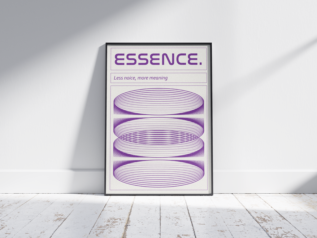 Modern minimalist Essence poster featuring horizontal purple rhythmic line art, the title 'ESSENCE.,' and the quote 'Less noise, more meaning.' Perfect statement wall art for living rooms, hallways, or interiors with a dynamic, contemporary aesthetic.