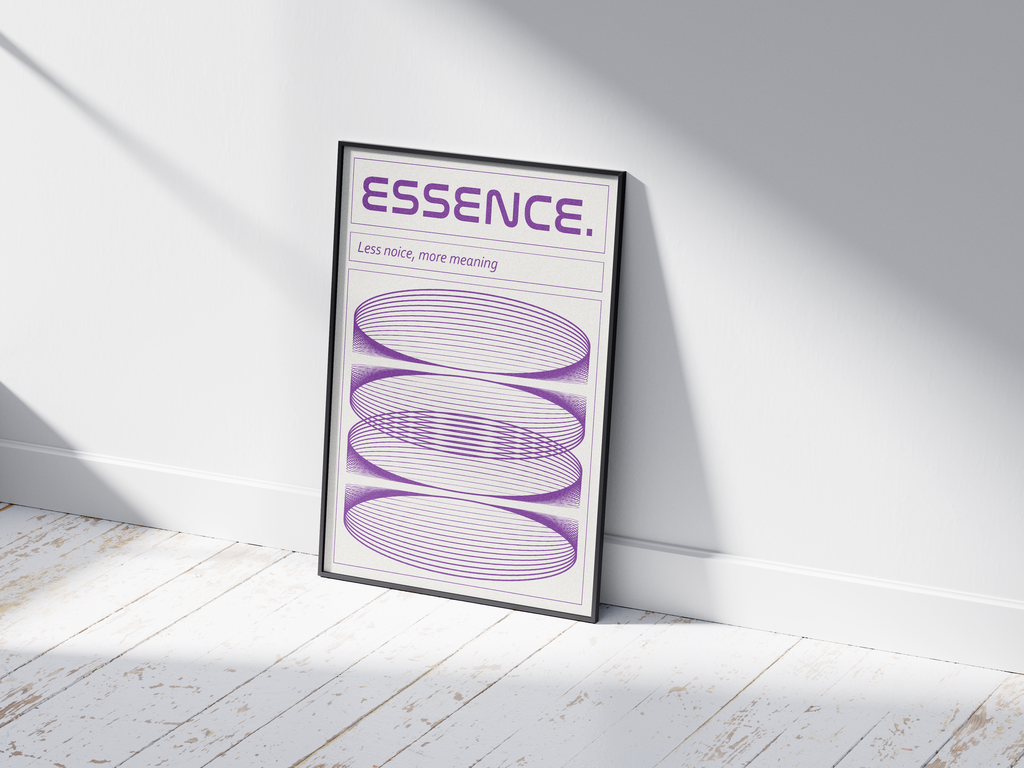 Modern minimalist Essence poster featuring horizontal purple rhythmic line art, the title 'ESSENCE.,' and the quote 'Less noise, more meaning.' Perfect statement wall art for living rooms, hallways, or interiors with a dynamic, contemporary aesthetic.