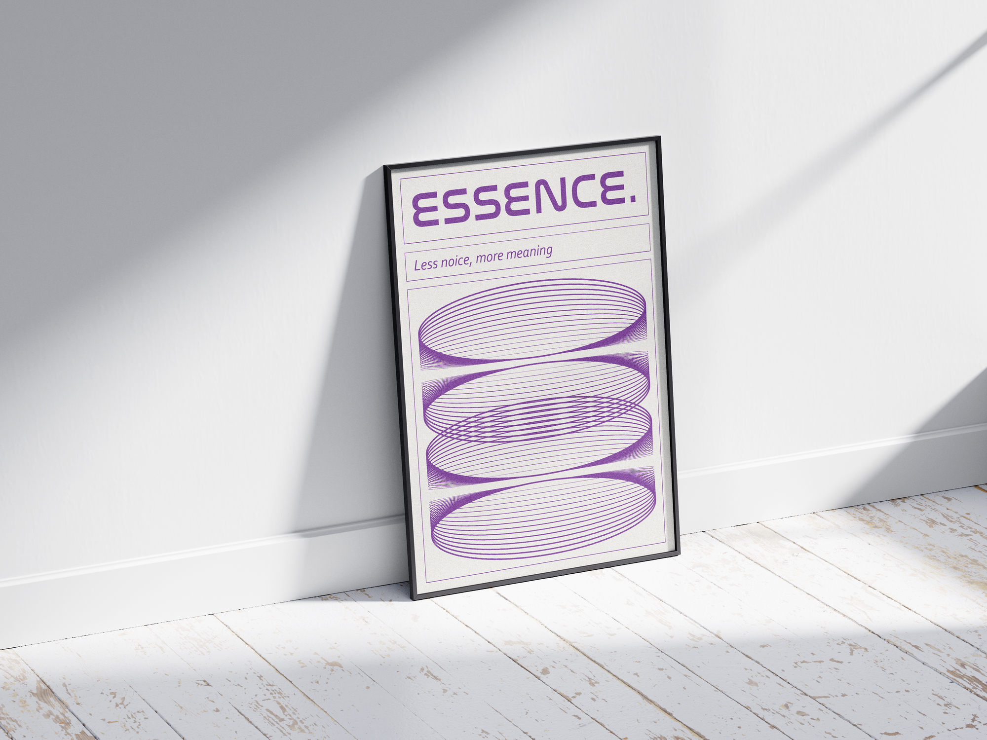 Modern minimalist Essence poster featuring horizontal purple rhythmic line art, the title 'ESSENCE.,' and the quote 'Less noise, more meaning.' Perfect statement wall art for living rooms, hallways, or interiors with a dynamic, contemporary aesthetic.