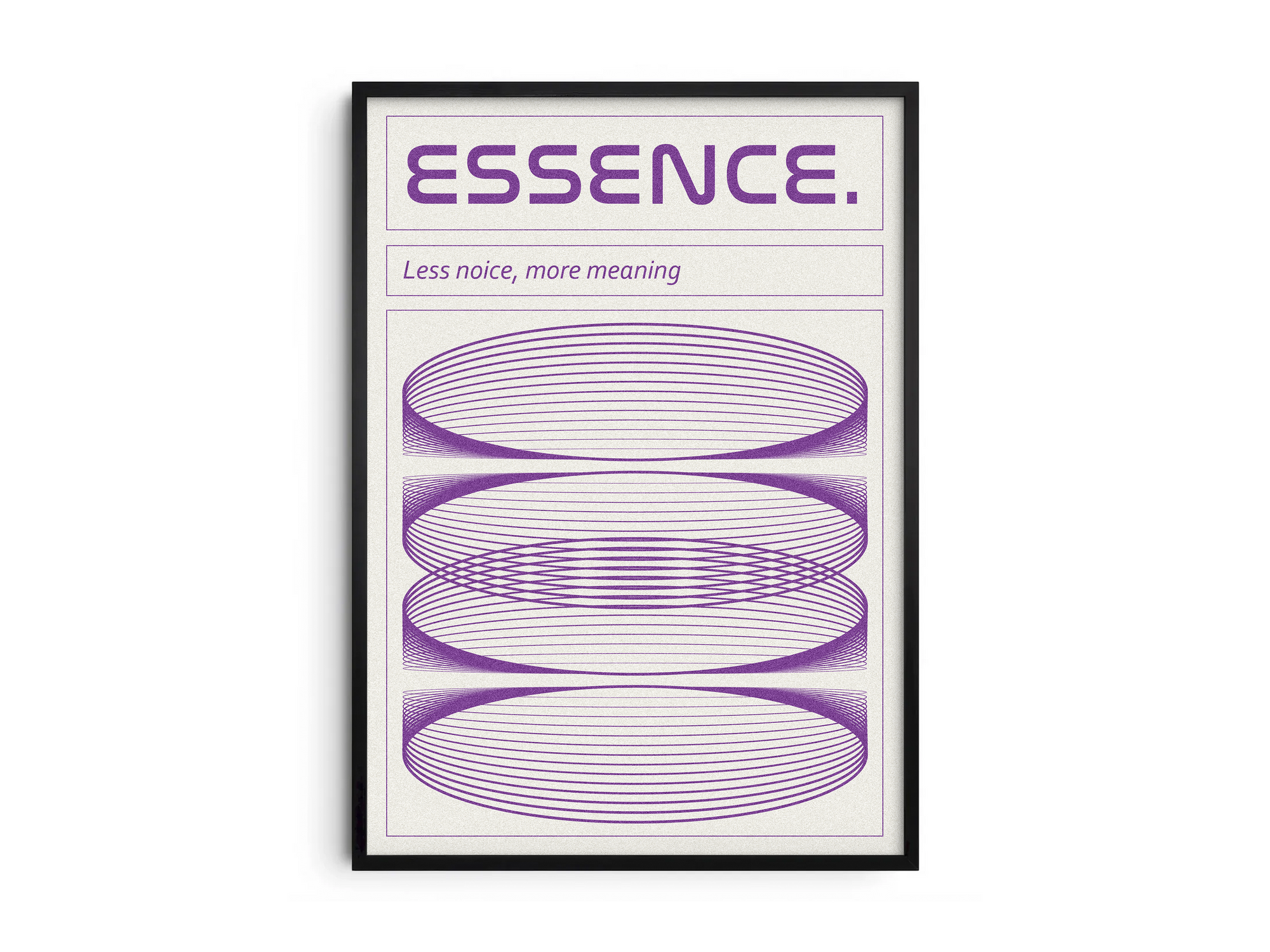 Modern minimalist Essence poster featuring horizontal purple rhythmic line art, the title 'ESSENCE.,' and the quote 'Less noise, more meaning.' Perfect statement wall art for living rooms, hallways, or interiors with a dynamic, contemporary aesthetic.