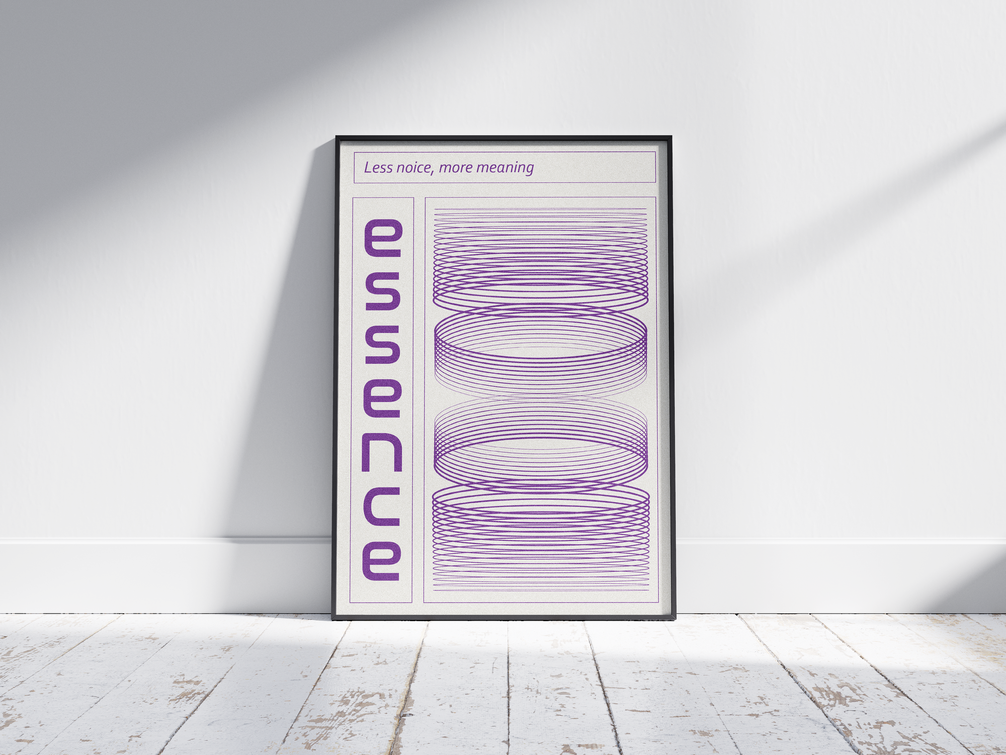 Modern minimalist Essence poster featuring a rhythmic grid, bold vertical typography, and the quote 'Less noise, more meaning' with purple concentric rings. Perfect for studies, contemporary offices, or structured interiors.