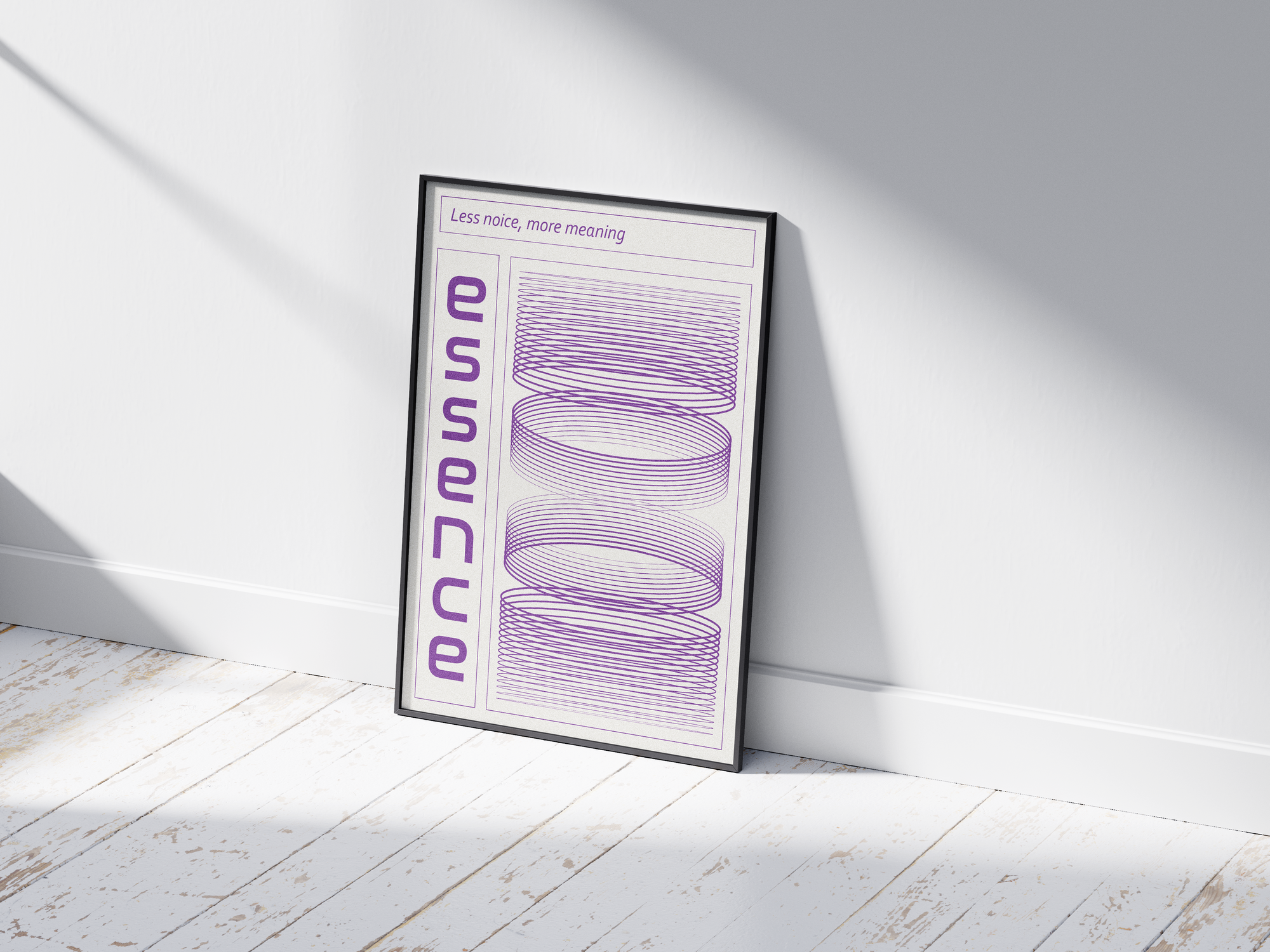 Modern minimalist Essence poster featuring a rhythmic grid, bold vertical typography, and the quote 'Less noise, more meaning' with purple concentric rings. Perfect for studies, contemporary offices, or structured interiors.