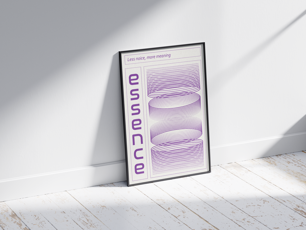 Modern minimalist Essence poster featuring a rhythmic grid, bold vertical typography, and the quote 'Less noise, more meaning' with purple concentric rings. Perfect for studies, contemporary offices, or structured interiors.