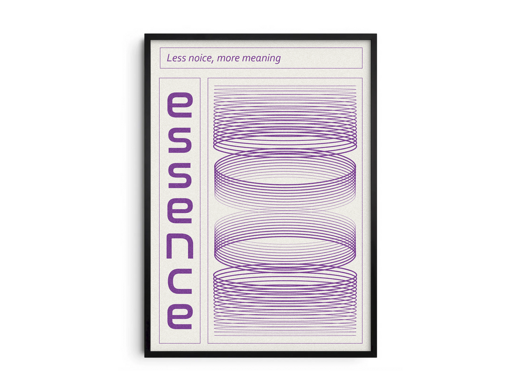 Modern minimalist Essence poster featuring a rhythmic grid, bold vertical typography, and the quote 'Less noise, more meaning' with purple concentric rings. Perfect for studies, contemporary offices, or structured interiors.