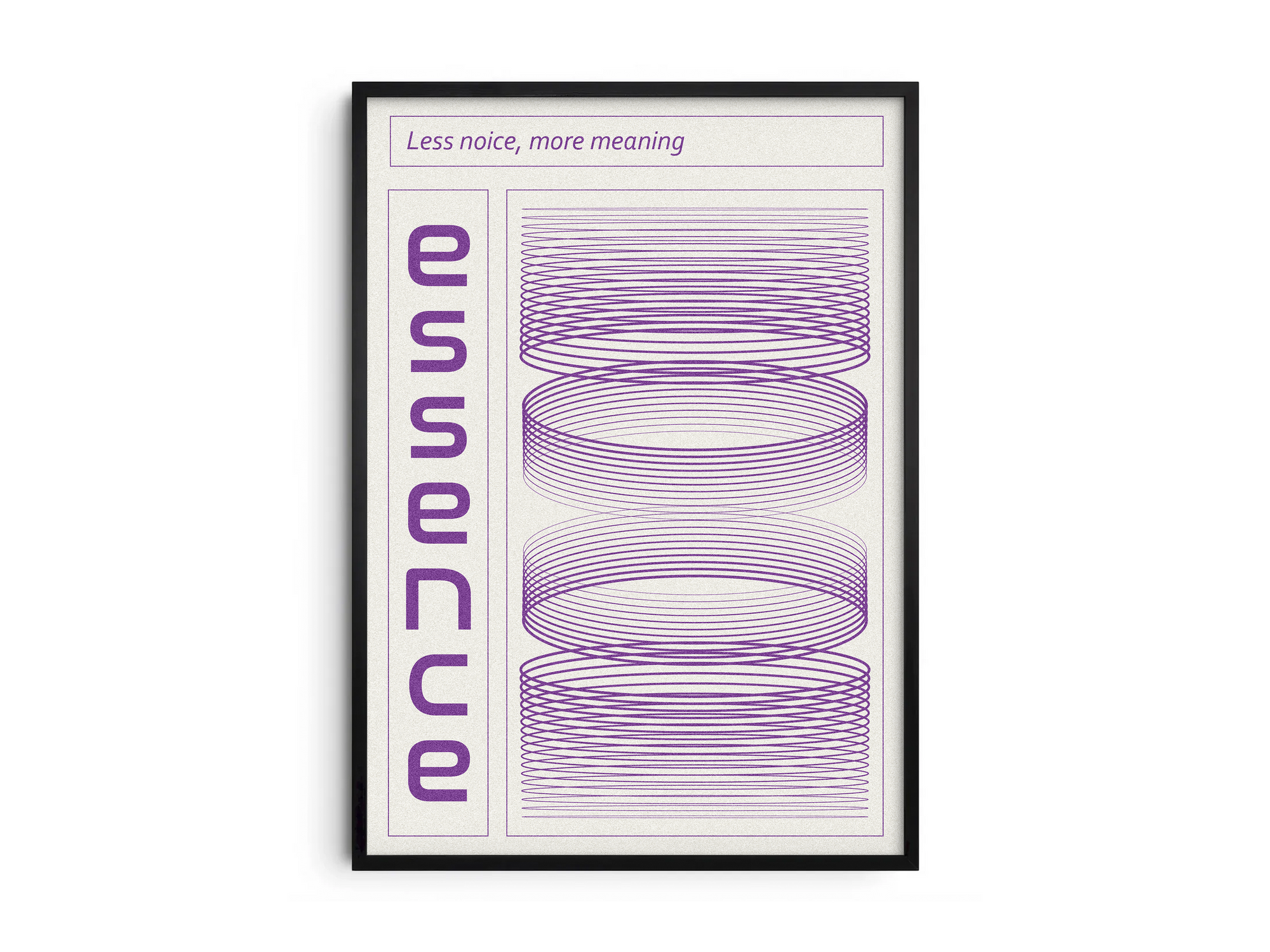 Modern minimalist Essence poster featuring a rhythmic grid, bold vertical typography, and the quote 'Less noise, more meaning' with purple concentric rings. Perfect for studies, contemporary offices, or structured interiors.