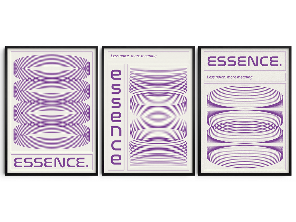 Elevate your space with AmbersCreations's Essence Collection. This three-piece modern art set transforms any wall, revealing structural, geometric rhythm with stunning purple line-art prints. A sophisticated way to add personality and enduring, minimalist beauty to your home, centered on the idea of 'Less noise, more meaning'.