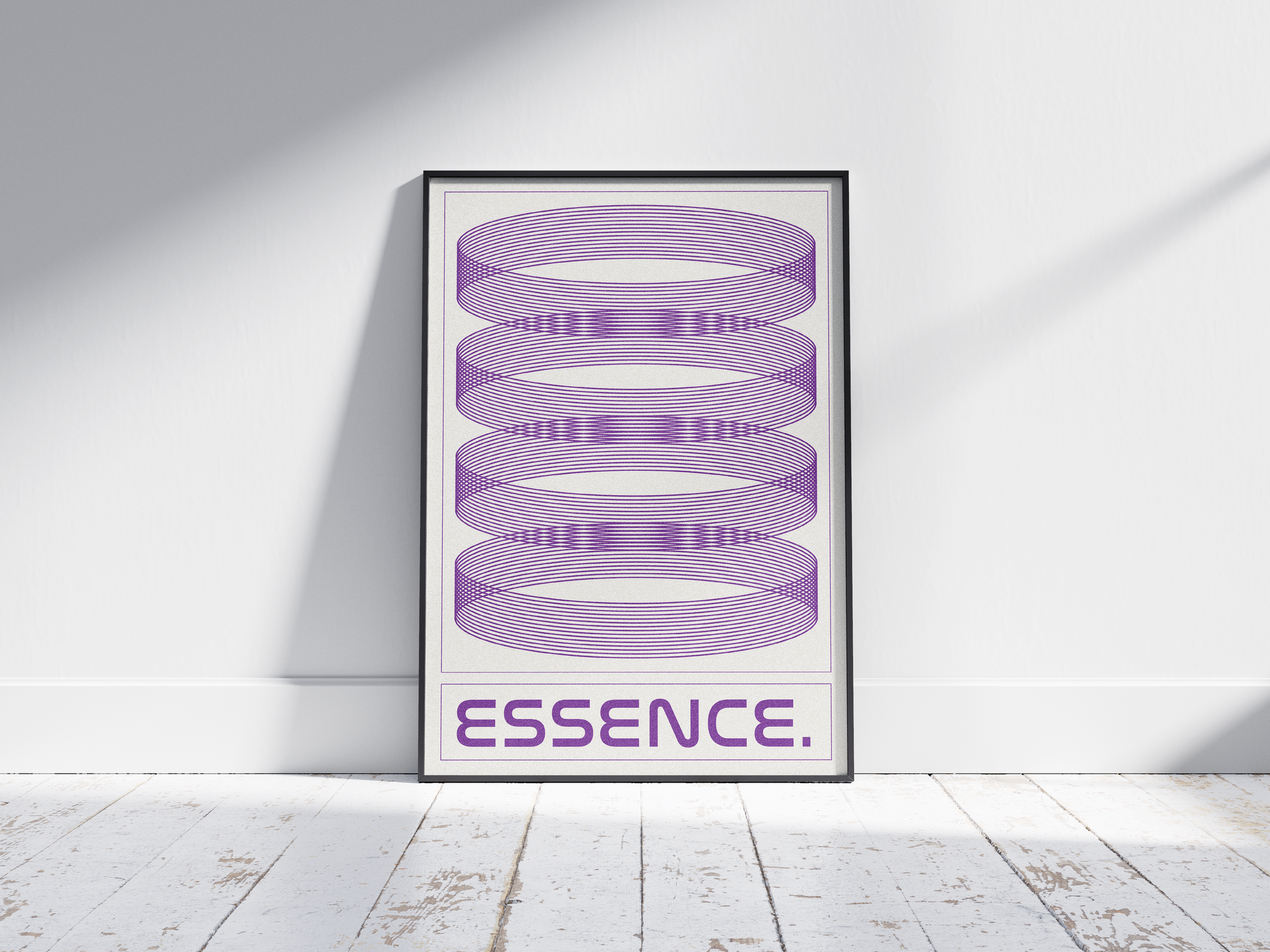 Modern minimalist Essence poster featuring striking purple concentric line art and the phrase 'ESSENCE.', printed on semi-gloss paper. Perfect statement wall art for offices, contemporary living rooms, or any modern interior seeking a geometric aesthetic.