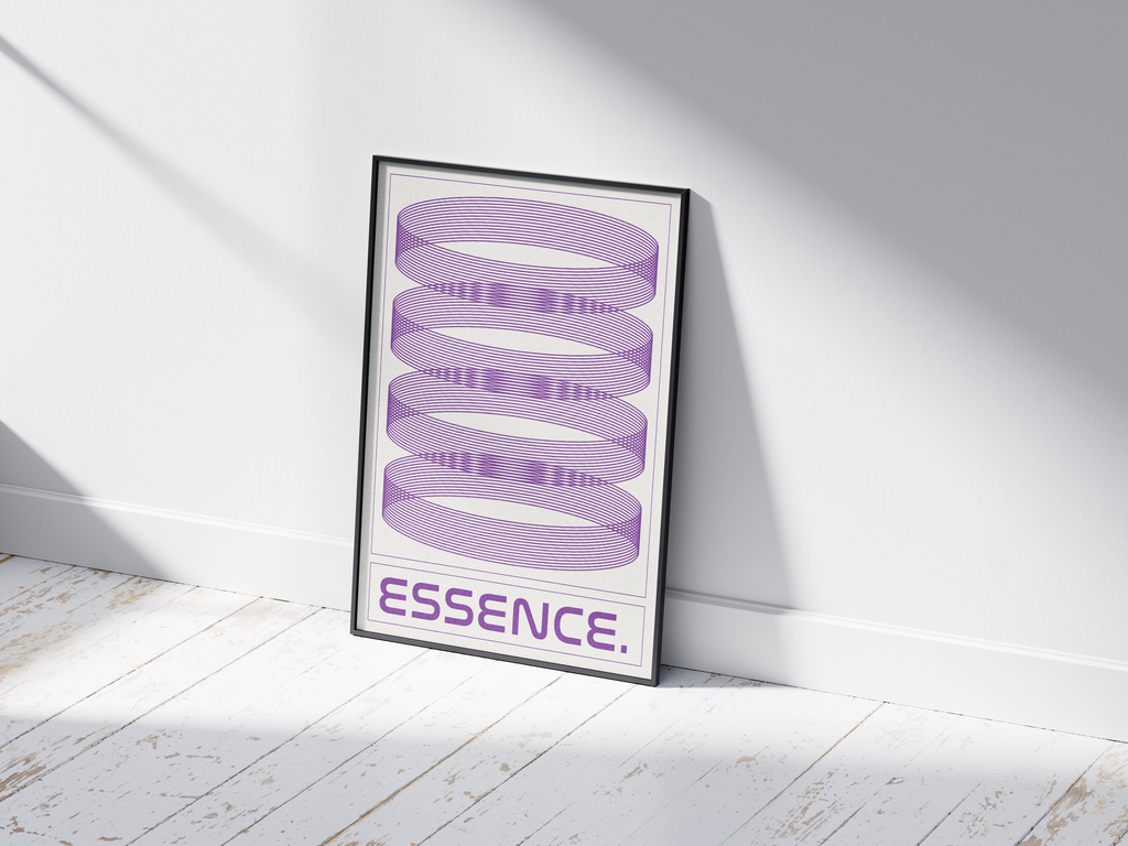 Modern minimalist Essence poster featuring striking purple concentric line art and the phrase 'ESSENCE.', printed on semi-gloss paper. Perfect statement wall art for offices, contemporary living rooms, or any modern interior seeking a geometric aesthetic.