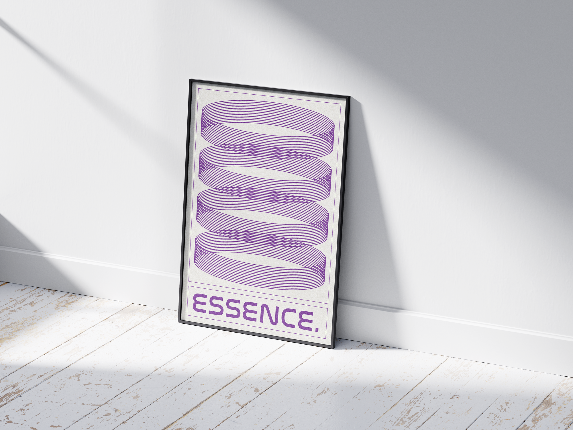 Modern minimalist Essence poster featuring striking purple concentric line art and the phrase 'ESSENCE.', printed on semi-gloss paper. Perfect statement wall art for offices, contemporary living rooms, or any modern interior seeking a geometric aesthetic.