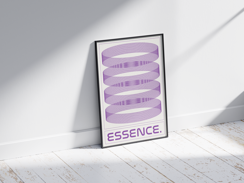 Modern minimalist Essence poster featuring striking purple concentric line art and the phrase 'ESSENCE.', printed on semi-gloss paper. Perfect statement wall art for offices, contemporary living rooms, or any modern interior seeking a geometric aesthetic.