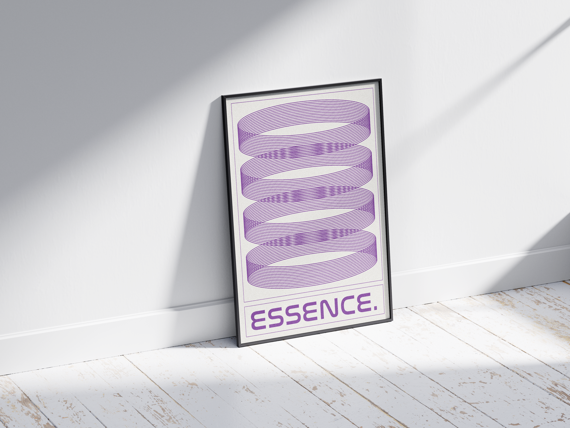 Modern minimalist Essence poster featuring striking purple concentric line art and the phrase 'ESSENCE.', printed on semi-gloss paper. Perfect statement wall art for offices, contemporary living rooms, or any modern interior seeking a geometric aesthetic.