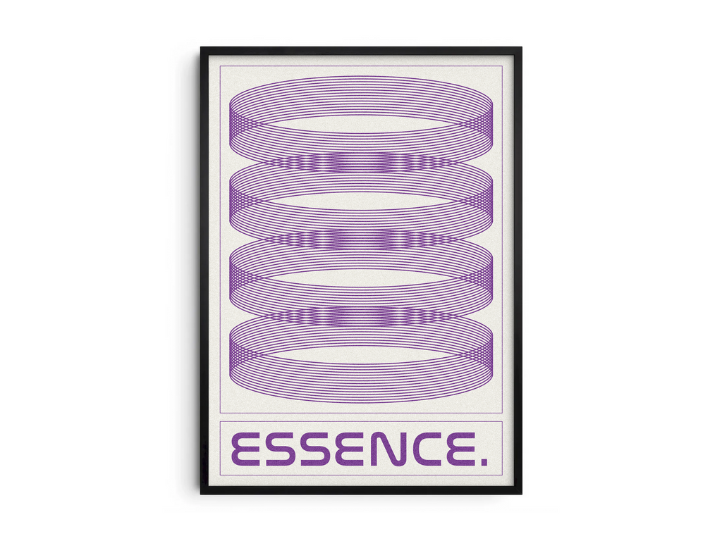 Modern minimalist Essence poster featuring striking purple concentric line art and the phrase 'ESSENCE.', printed on semi-gloss paper. Perfect statement wall art for offices, contemporary living rooms, or any modern interior seeking a geometric aesthetic.