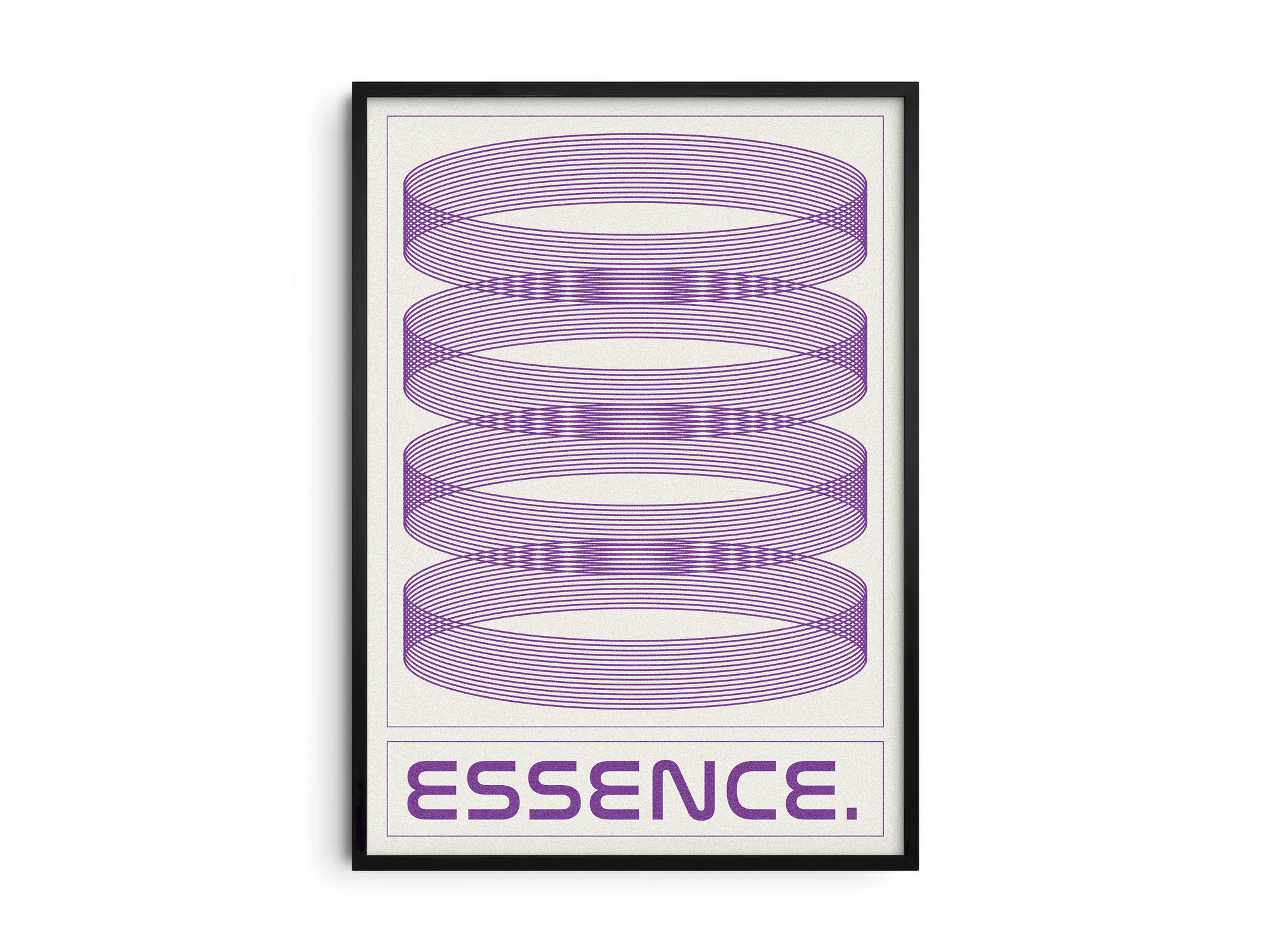 Modern minimalist Essence poster featuring striking purple concentric line art and the phrase 'ESSENCE.', printed on semi-gloss paper. Perfect statement wall art for offices, contemporary living rooms, or any modern interior seeking a geometric aesthetic.