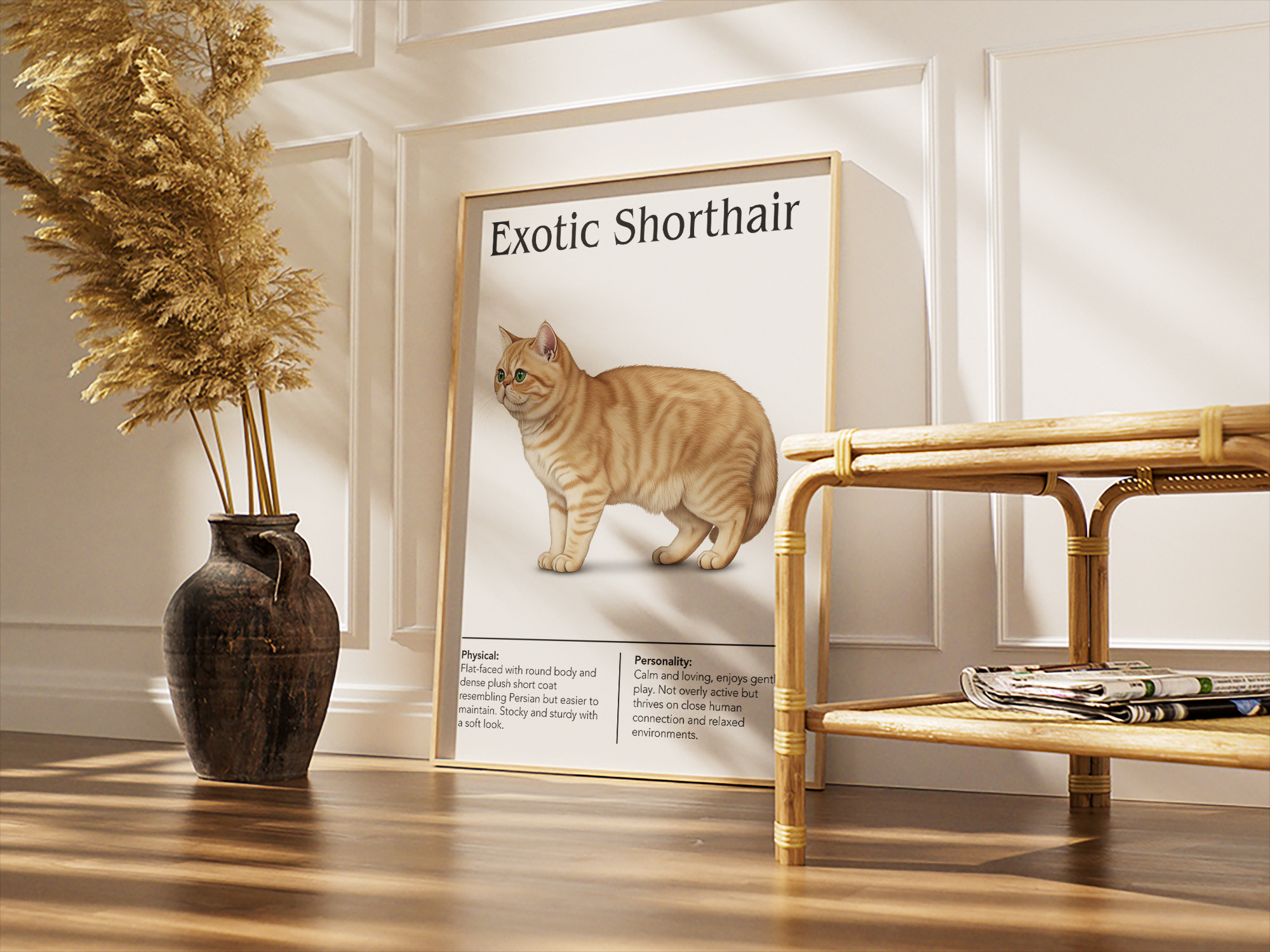 A charming cat breed information poster featuring a realistic illustration of an orange-striped Exotic Shorthair cat, detailing its soft, plush coat and gentle personality. Ideal for cat lovers and adding a warm touch to a living space. The framed print leans against a classic white wainscoting wall, surrounded by rustic decor including a large dark vase with dried flora and a bamboo rattan side table.