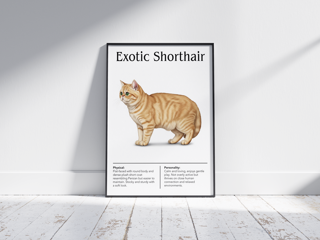 Sweet Exotic Shorthair cat breed poster featuring a detailed illustration of the cat with its plush coat and gentle expression, printed on semi-gloss sustainable paper. Perfect wall art for bedrooms, living rooms, or cozy interiors with a comforting and serene aesthetic.