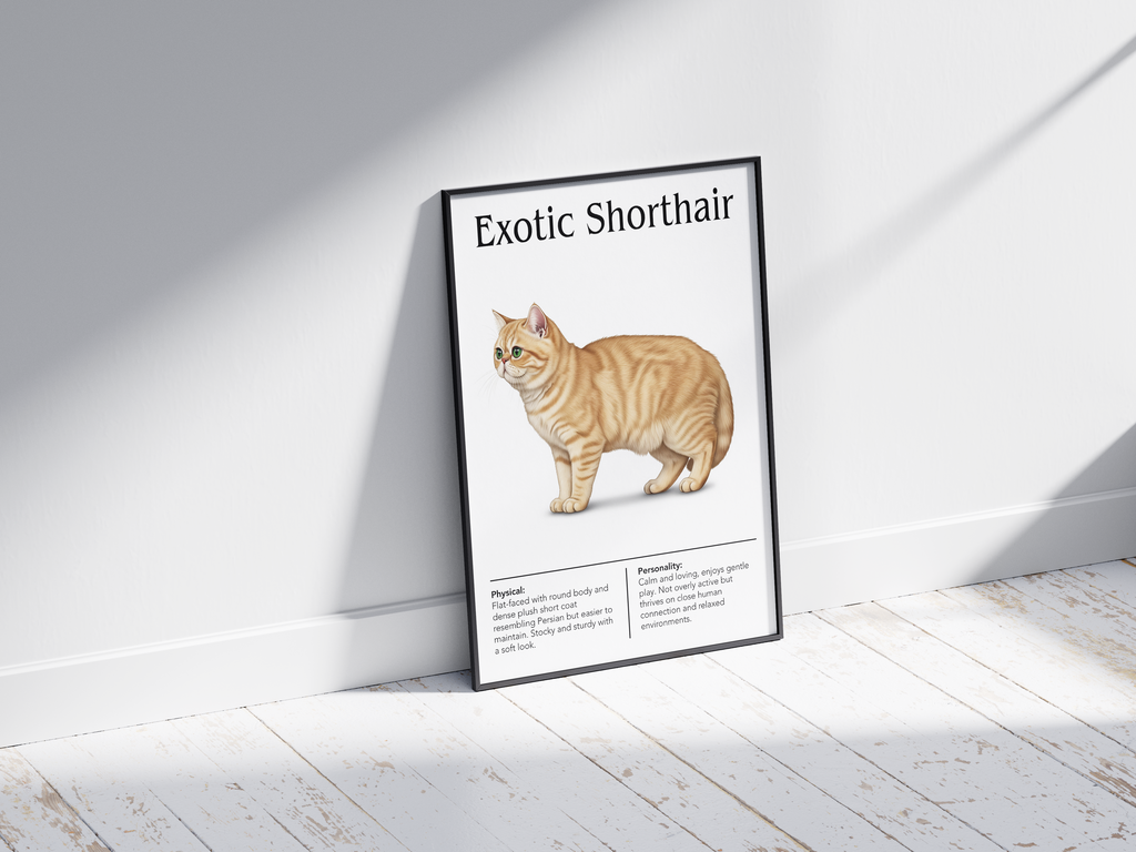 Sweet Exotic Shorthair cat breed poster featuring a detailed illustration of the cat with its plush coat and gentle expression, printed on semi-gloss sustainable paper. Perfect wall art for bedrooms, living rooms, or cozy interiors with a comforting and serene aesthetic.