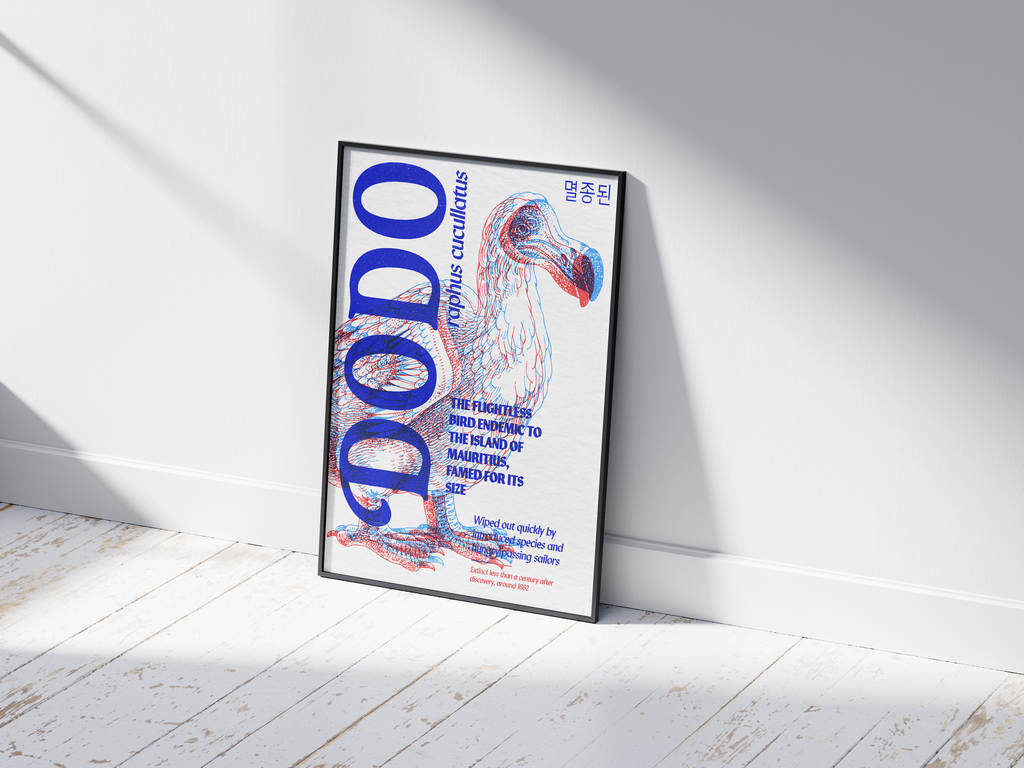 Vibrant anaglyph 3D Dodo poster featuring the extinct Raphus cucullatus in bold blue and red colors. Unique retro-style wall art for offices, studies, or modern interiors with an eclectic or maximalist aesthetic.