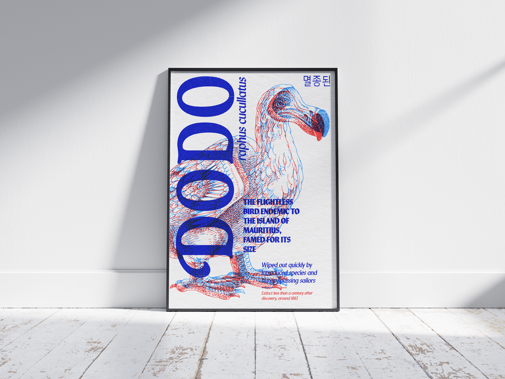 Vibrant anaglyph 3D Dodo poster featuring the extinct Raphus cucullatus in bold blue and red colors. Unique retro-style wall art for offices, studies, or modern interiors with an eclectic or maximalist aesthetic.