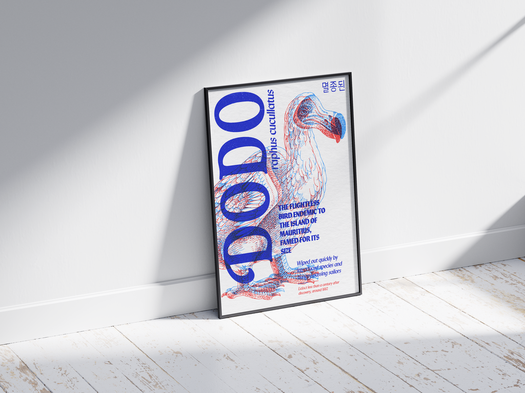 Vibrant anaglyph 3D Dodo poster featuring the extinct Raphus cucullatus in bold blue and red colors. Unique retro-style wall art for offices, studies, or modern interiors with an eclectic or maximalist aesthetic.