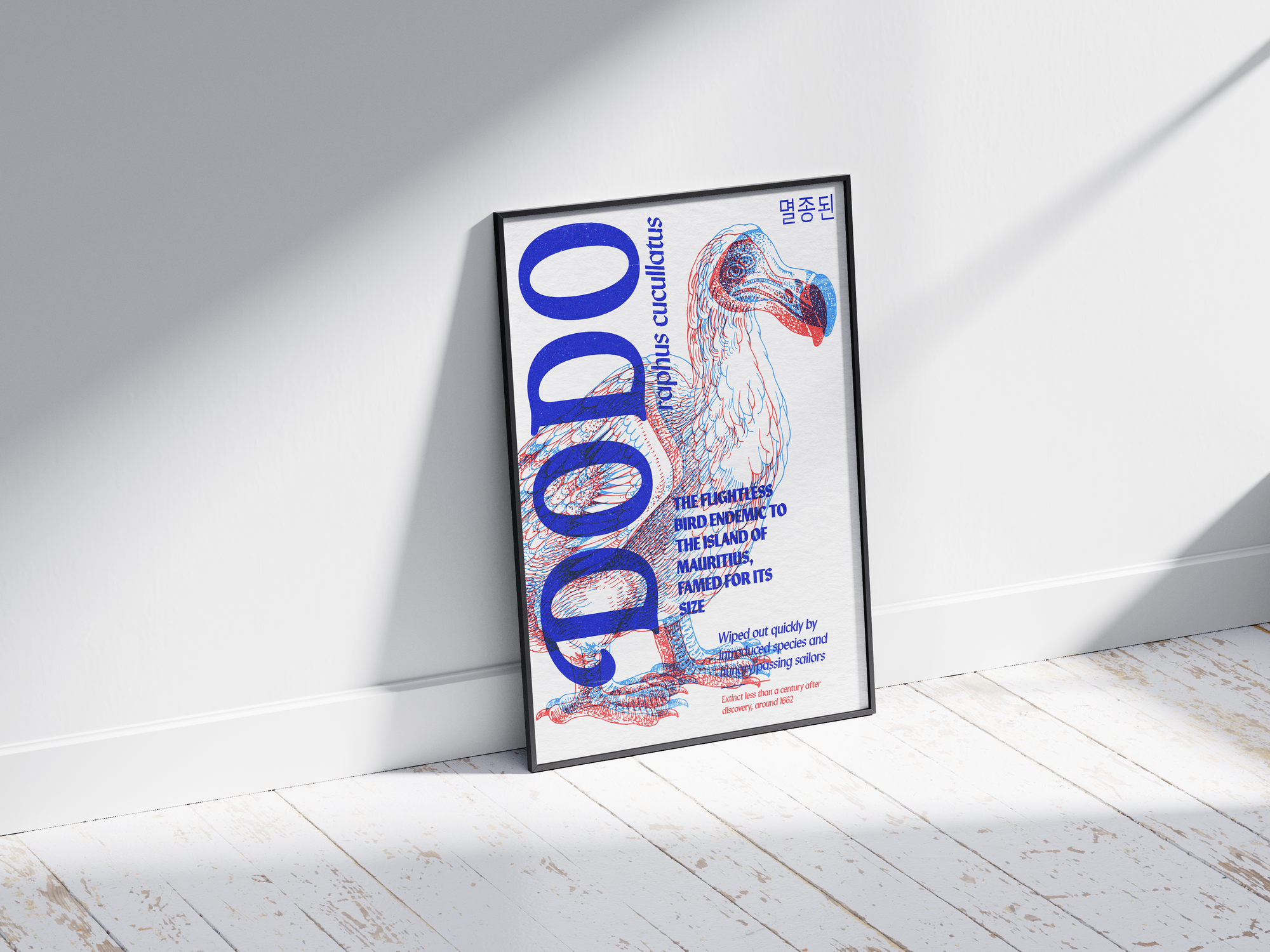 Vibrant anaglyph 3D Dodo poster featuring the extinct Raphus cucullatus in bold blue and red colors. Unique retro-style wall art for offices, studies, or modern interiors with an eclectic or maximalist aesthetic.