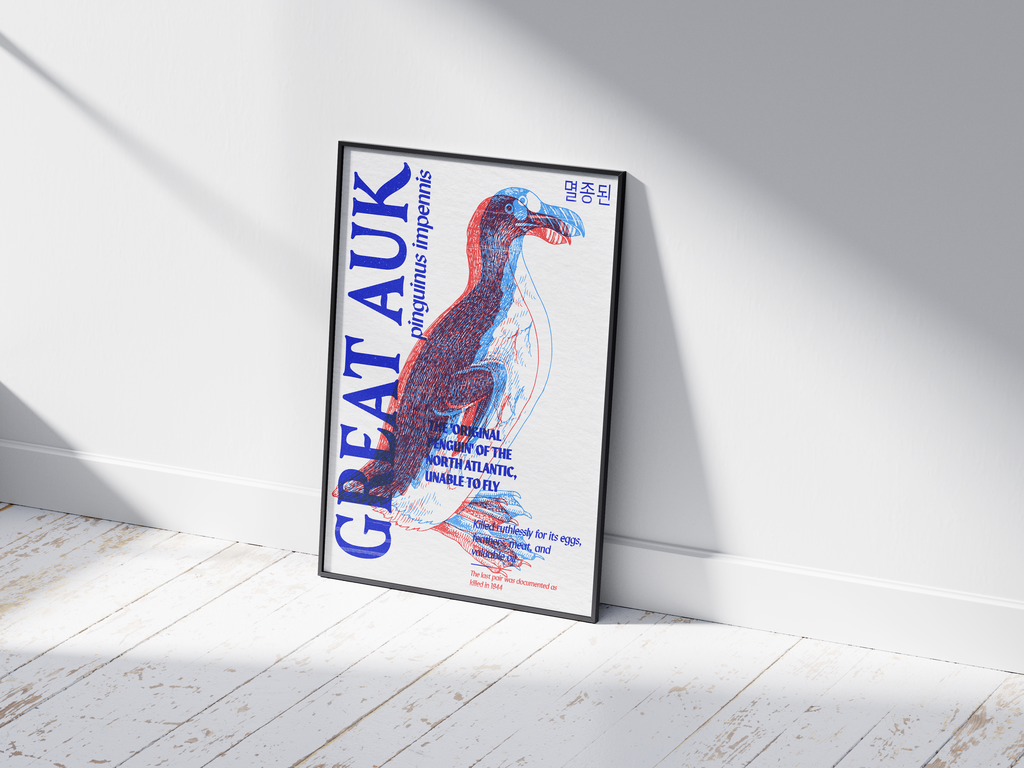 Vibrant anaglyph 3D Great Auk poster featuring the extinct flightless bird (Pinguinus impennis) in bold blue and red colors. Striking retro and science-themed wall art, perfect for studies, libraries, or eclectic interiors.