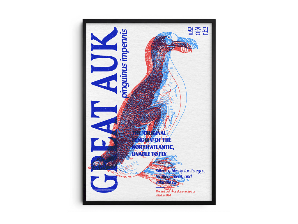 Vibrant anaglyph 3D Great Auk poster featuring the extinct flightless bird (Pinguinus impennis) in bold blue and red colors. Striking retro and science-themed wall art, perfect for studies, libraries, or eclectic interiors.