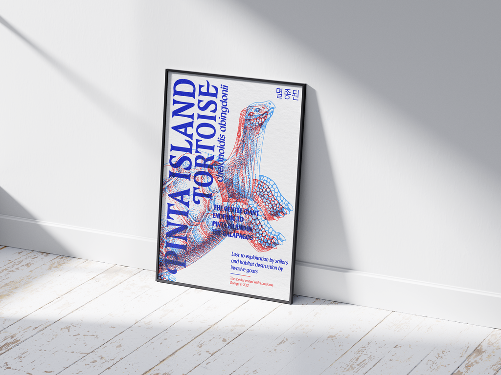 Vibrant anaglyph 3D Pinta Island Tortoise poster featuring the extinct giant tortoise of the Galapagos in bold blue and red colors. Unique retro-style conservation wall art, perfect for studies, libraries, or coastal-themed interiors.