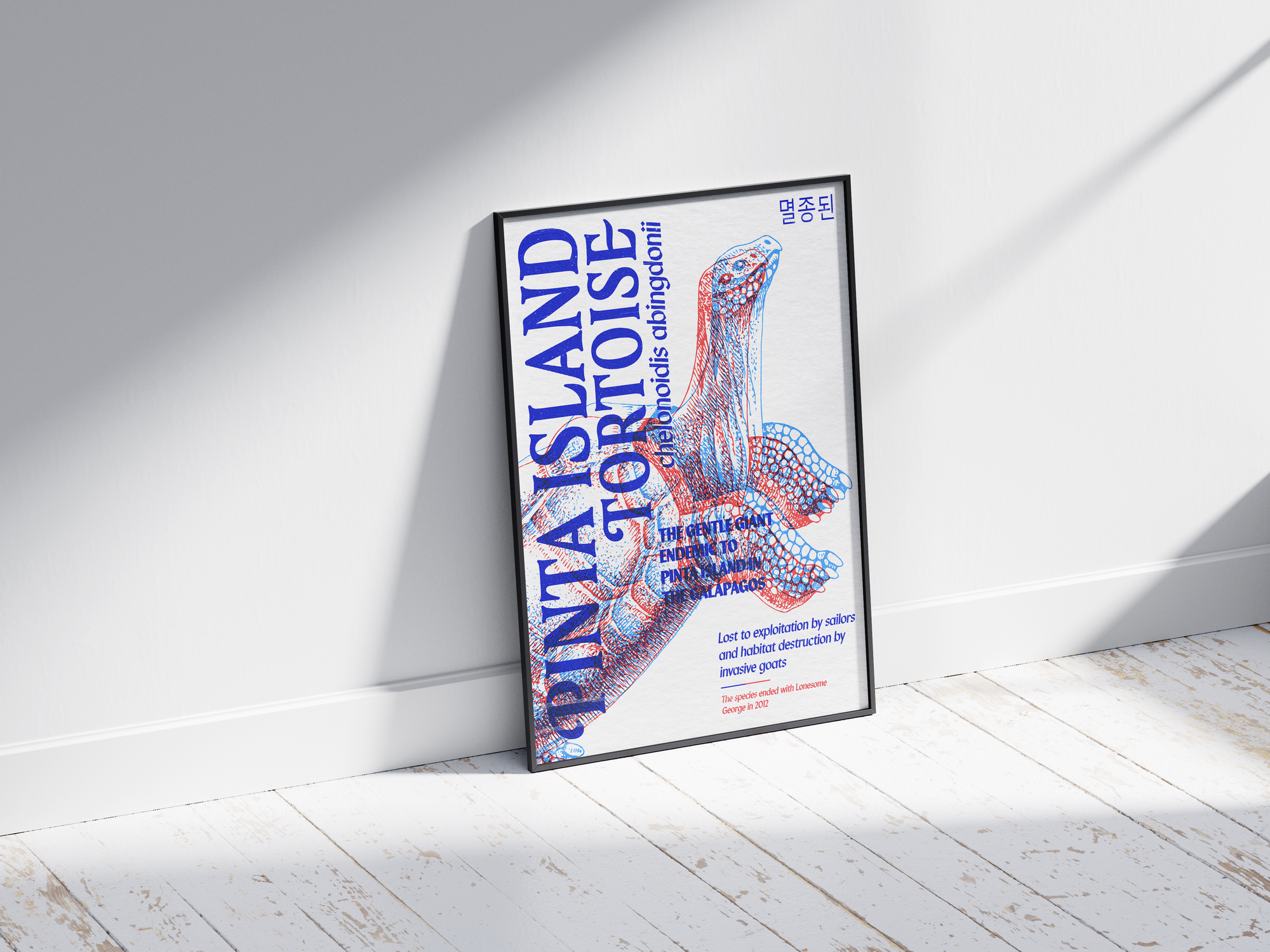 Vibrant anaglyph 3D Pinta Island Tortoise poster featuring the extinct giant tortoise of the Galapagos in bold blue and red colors. Unique retro-style conservation wall art, perfect for studies, libraries, or coastal-themed interiors.