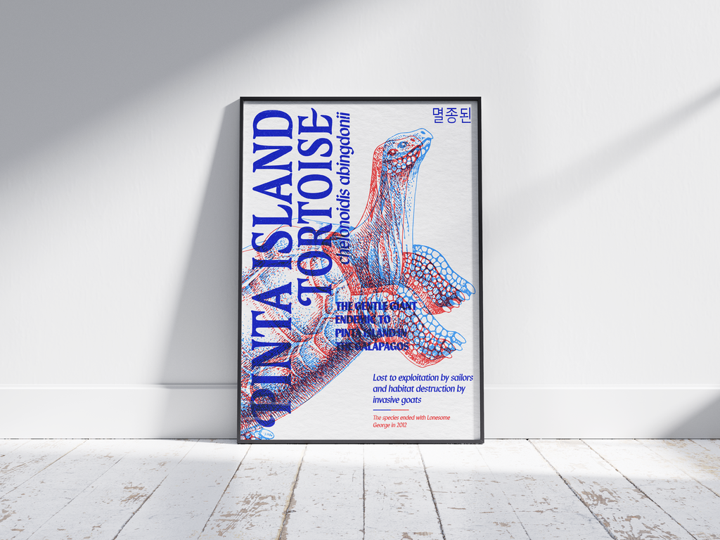 Vibrant anaglyph 3D Pinta Island Tortoise poster featuring the extinct giant tortoise of the Galapagos in bold blue and red colors. Unique retro-style conservation wall art, perfect for studies, libraries, or coastal-themed interiors.