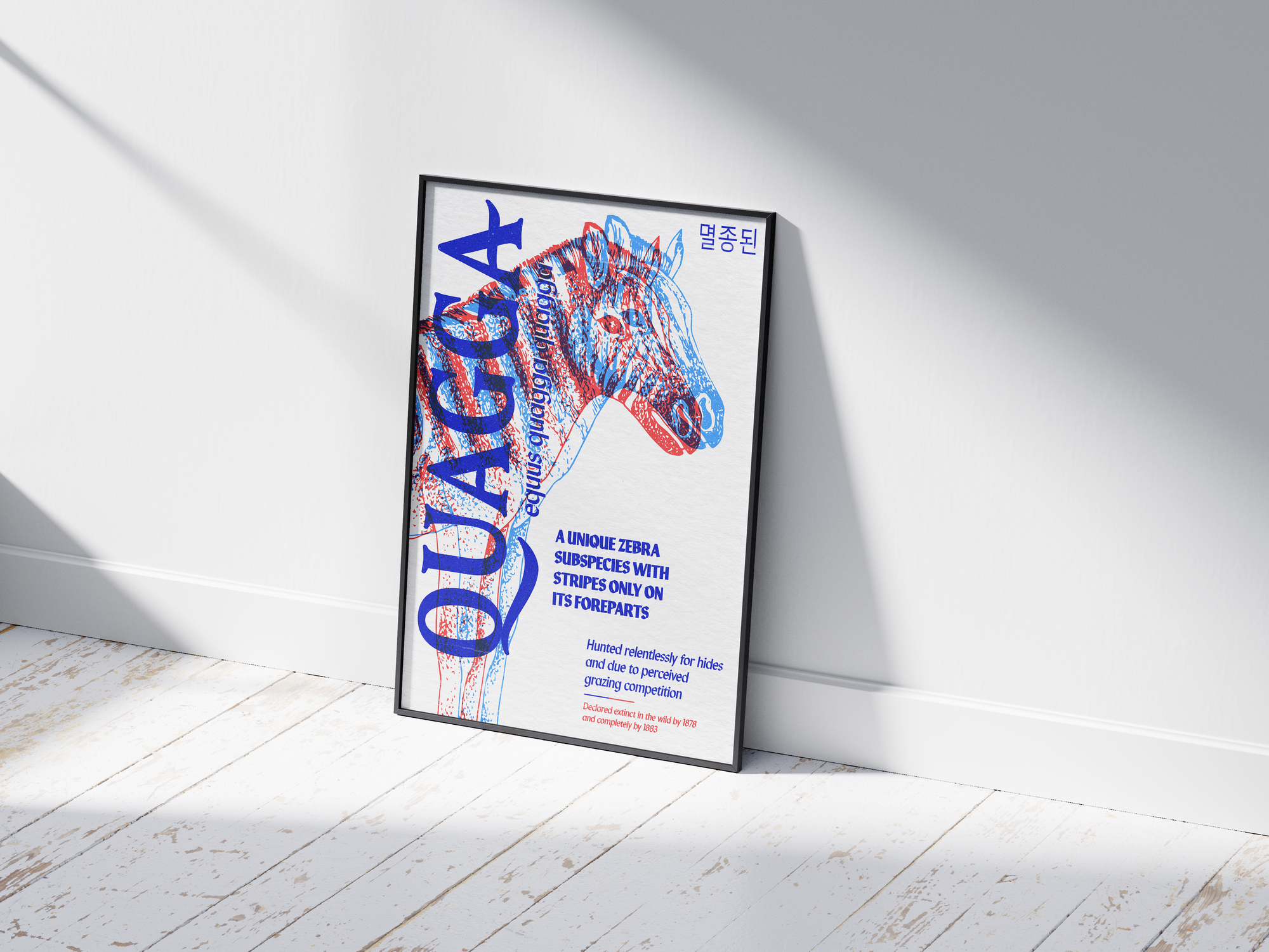 Vibrant anaglyph 3D Quagga poster featuring the extinct zebra subspecies in bold blue and red colors. Unique retro-style African wildlife wall art, perfect for home offices, studies, or eclectic interiors.