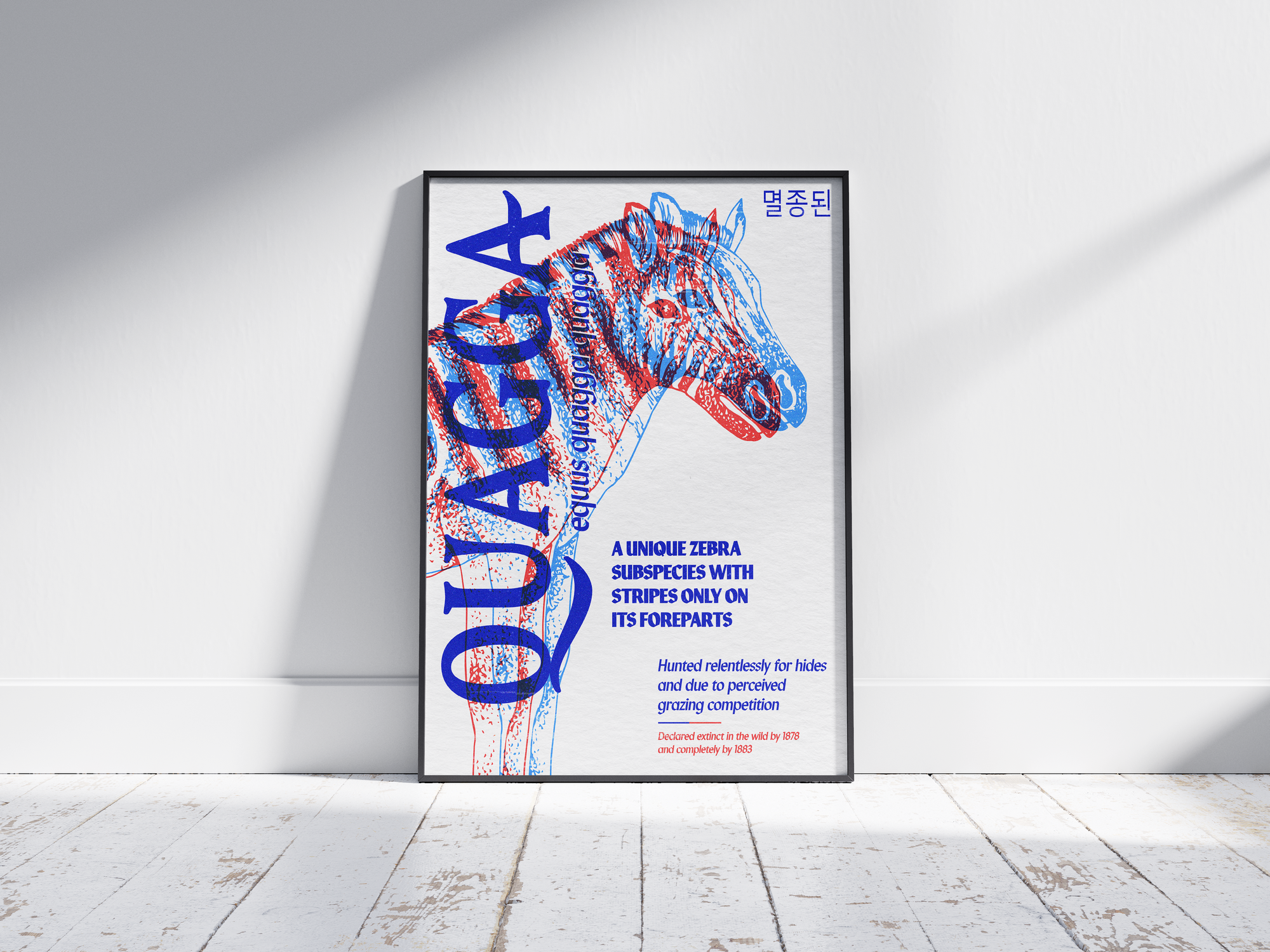 Vibrant anaglyph 3D Quagga poster featuring the extinct zebra subspecies in bold blue and red colors. Unique retro-style African wildlife wall art, perfect for home offices, studies, or eclectic interiors.