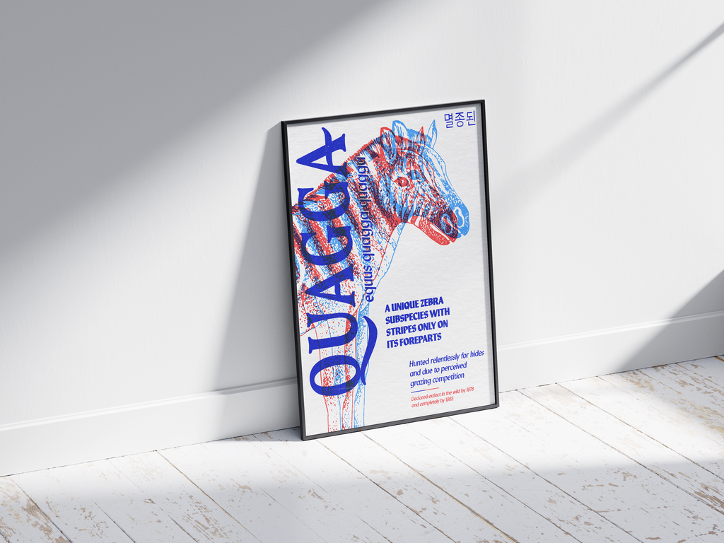 Vibrant anaglyph 3D Quagga poster featuring the extinct zebra subspecies in bold blue and red colors. Unique retro-style African wildlife wall art, perfect for home offices, studies, or eclectic interiors.