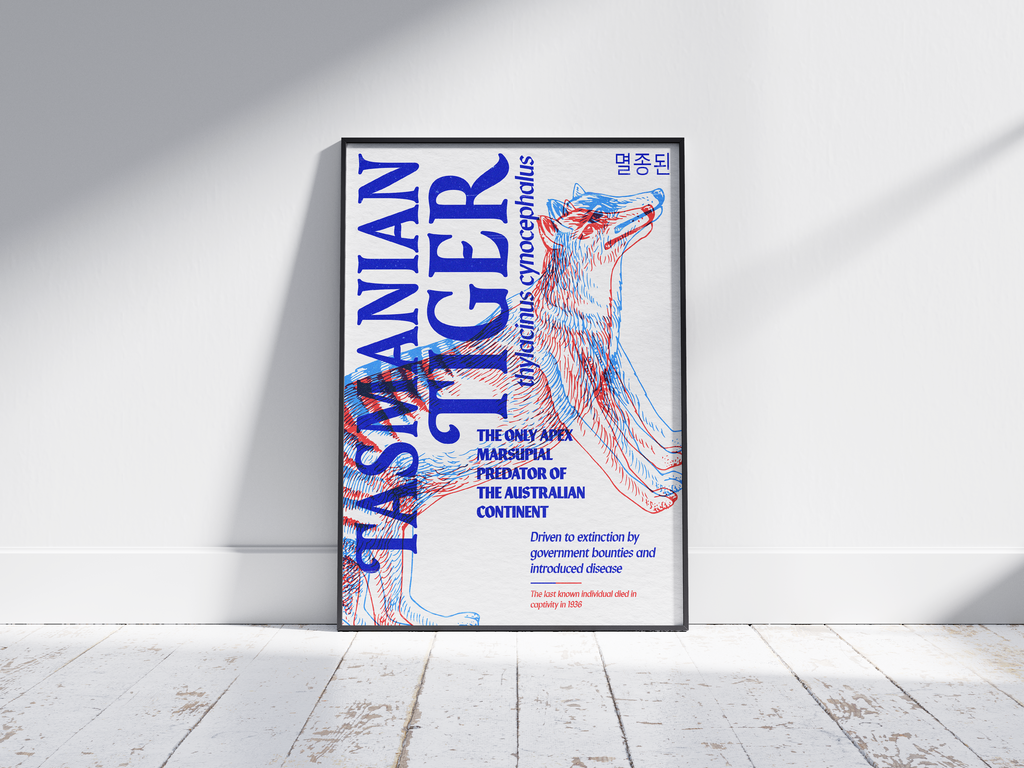 Vibrant anaglyph 3D Tasmanian Tiger poster featuring the extinct Thylacine in bold blue and red colors. Unique retro-style Australian wildlife wall art, perfect for home offices, media rooms, or studies.