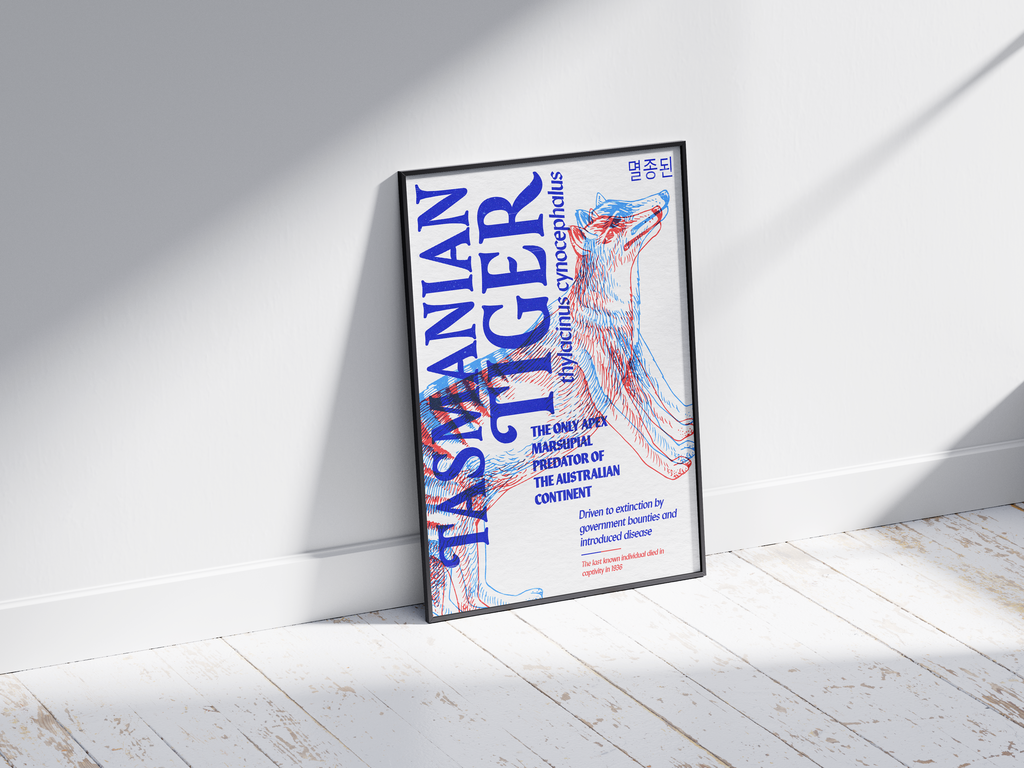 Vibrant anaglyph 3D Tasmanian Tiger poster featuring the extinct Thylacine in bold blue and red colors. Unique retro-style Australian wildlife wall art, perfect for home offices, media rooms, or studies.