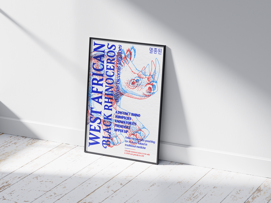 Vibrant anaglyph 3D West African Black Rhinoceros poster featuring the extinct subspecies in bold blue and red colors. Unique retro-style conservation wall art, perfect for home offices, studies, or modern interiors.