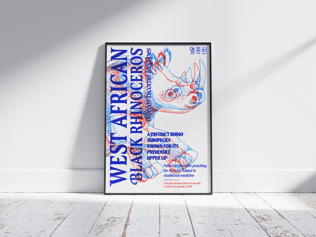 Vibrant anaglyph 3D West African Black Rhinoceros poster featuring the extinct subspecies in bold blue and red colors. Unique retro-style conservation wall art, perfect for home offices, studies, or modern interiors.