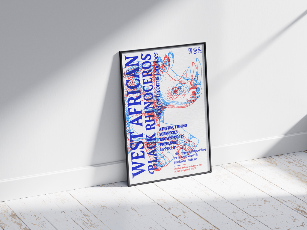 Vibrant anaglyph 3D West African Black Rhinoceros poster featuring the extinct subspecies in bold blue and red colors. Unique retro-style conservation wall art, perfect for home offices, studies, or modern interiors.