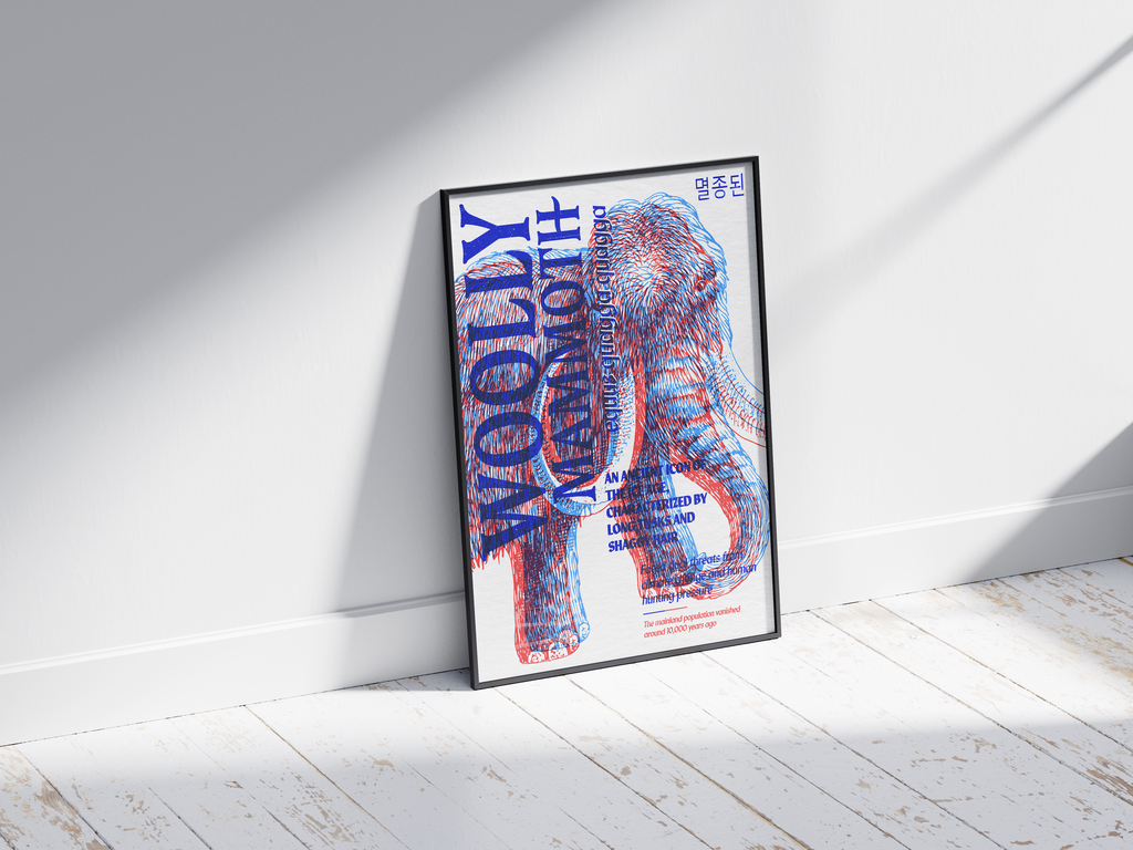 Vibrant anaglyph 3D Woolly Mammoth poster featuring the extinct prehistoric elephant in bold blue and red colors. Unique retro-style Paleontology wall art, perfect for offices, studies, or media rooms.