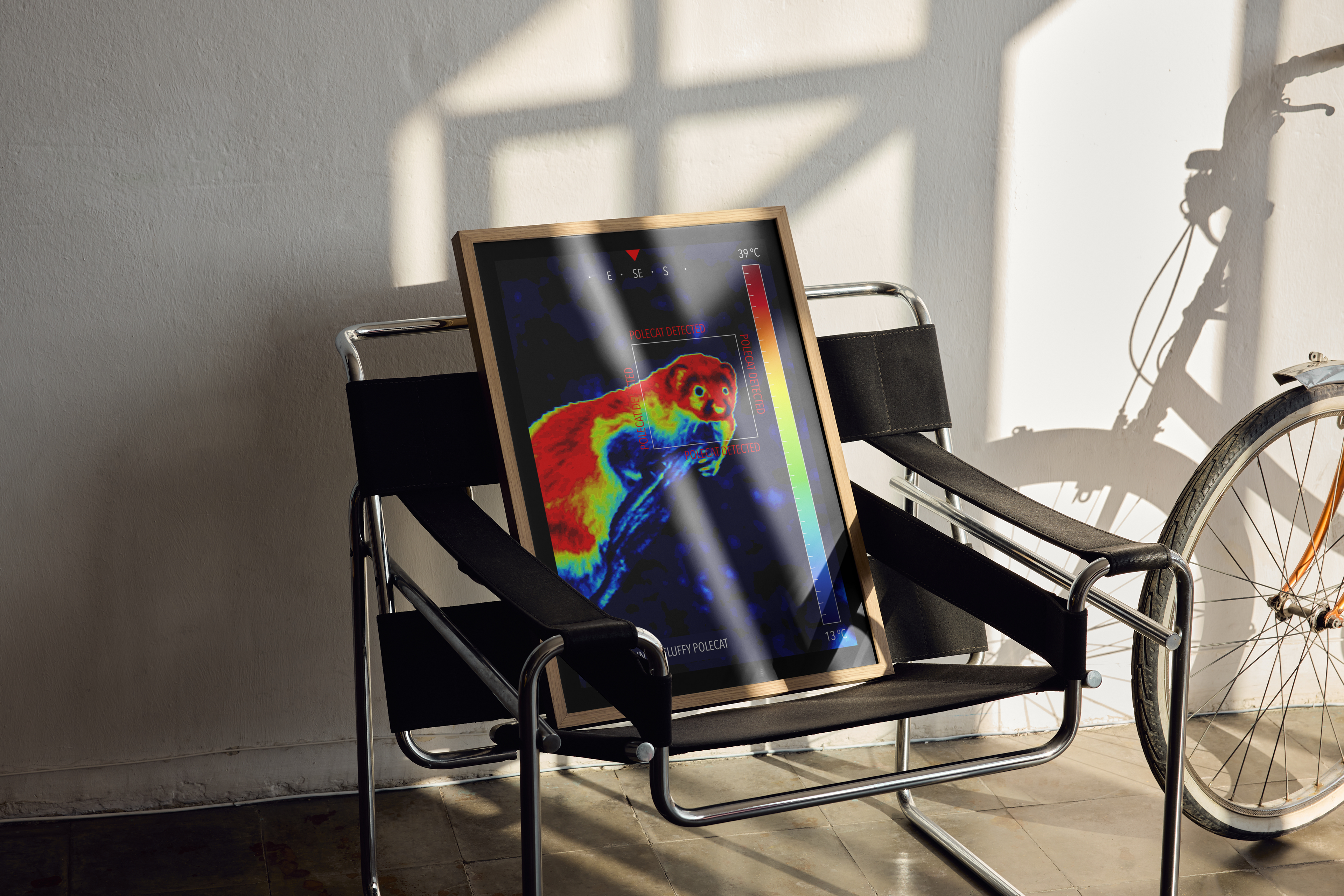 A wood-framed poster with a thermal image graphic of a Ferret in bright red, yellow, and blue, leaning against a vintage black strap chair in a sunny garage with a bicycle nearby.