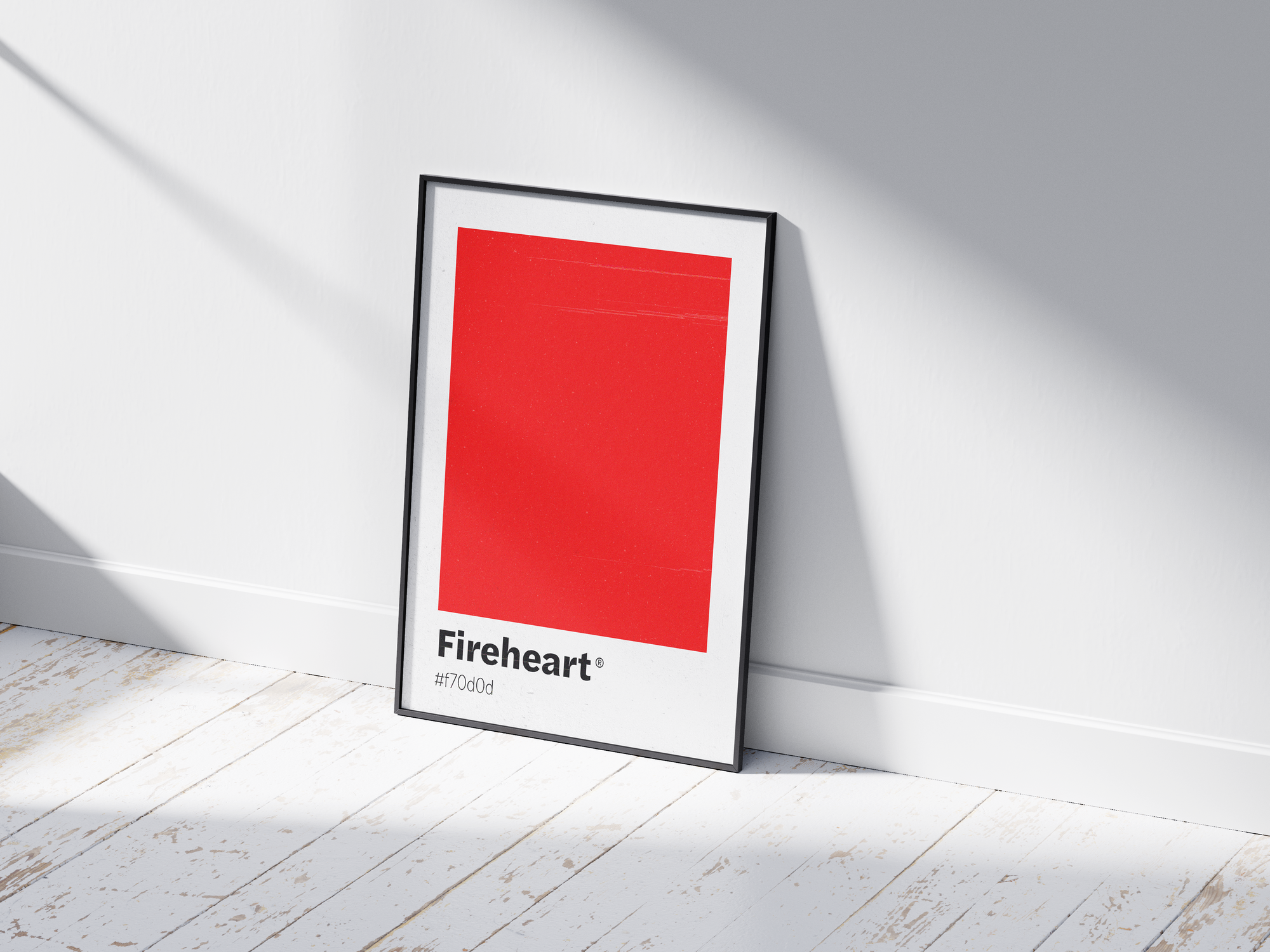 Minimalist red color swatch poster featuring the unique shade "Fireheart" with its hexadecimal code #f70c0d. This modern art print is ideal for adding a sophisticated and vibrant touch to contemporary interiors, dining areas, or gallery walls.