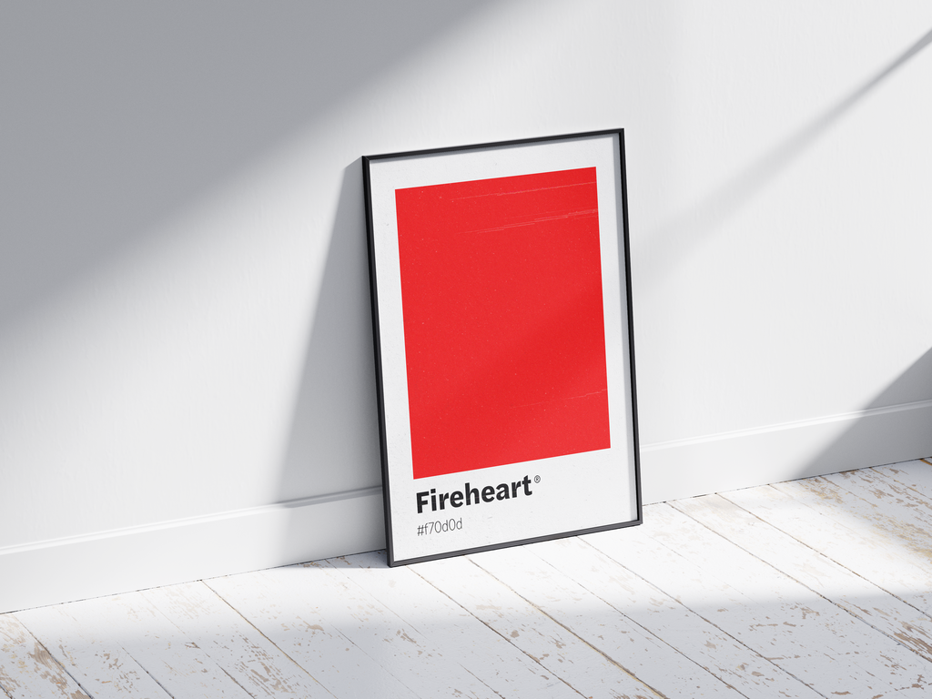 Minimalist red color swatch poster featuring the unique shade "Fireheart" with its hexadecimal code #f70c0d. This modern art print is ideal for adding a sophisticated and vibrant touch to contemporary interiors, dining areas, or gallery walls.