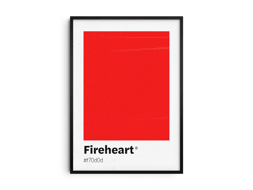 Minimalist red color swatch poster featuring the unique shade "Fireheart" with its hexadecimal code #f70c0d. This modern art print is ideal for adding a sophisticated and vibrant touch to contemporary interiors, dining areas, or gallery walls.