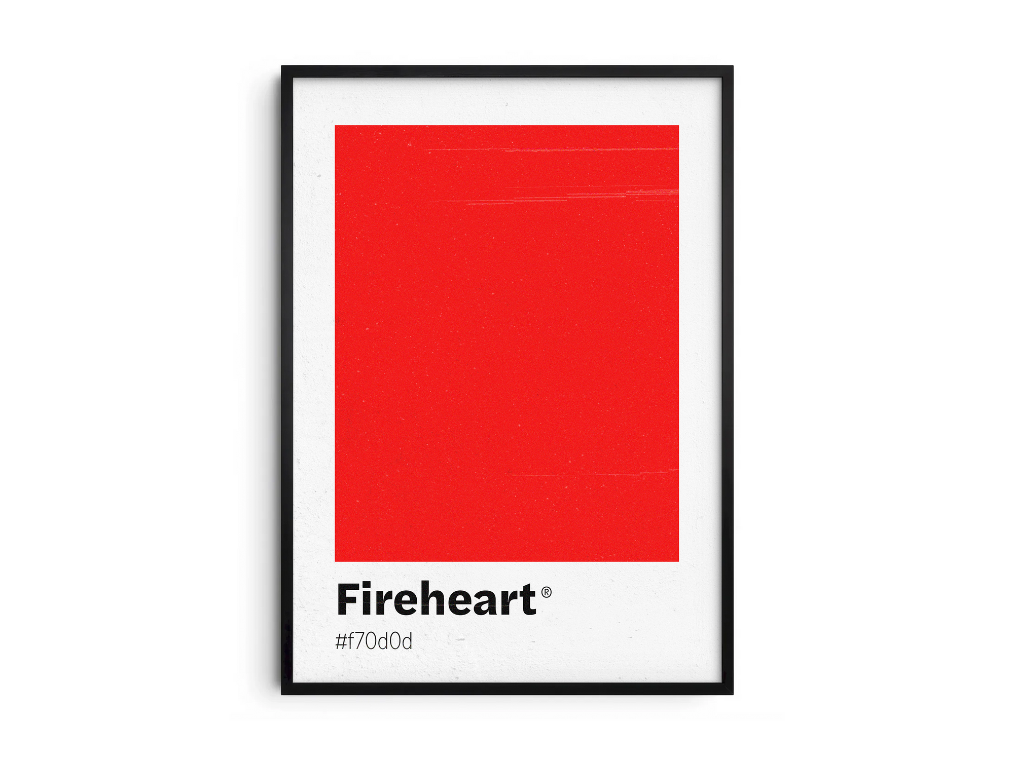 Minimalist red color swatch poster featuring the unique shade "Fireheart" with its hexadecimal code #f70c0d. This modern art print is ideal for adding a sophisticated and vibrant touch to contemporary interiors, dining areas, or gallery walls.